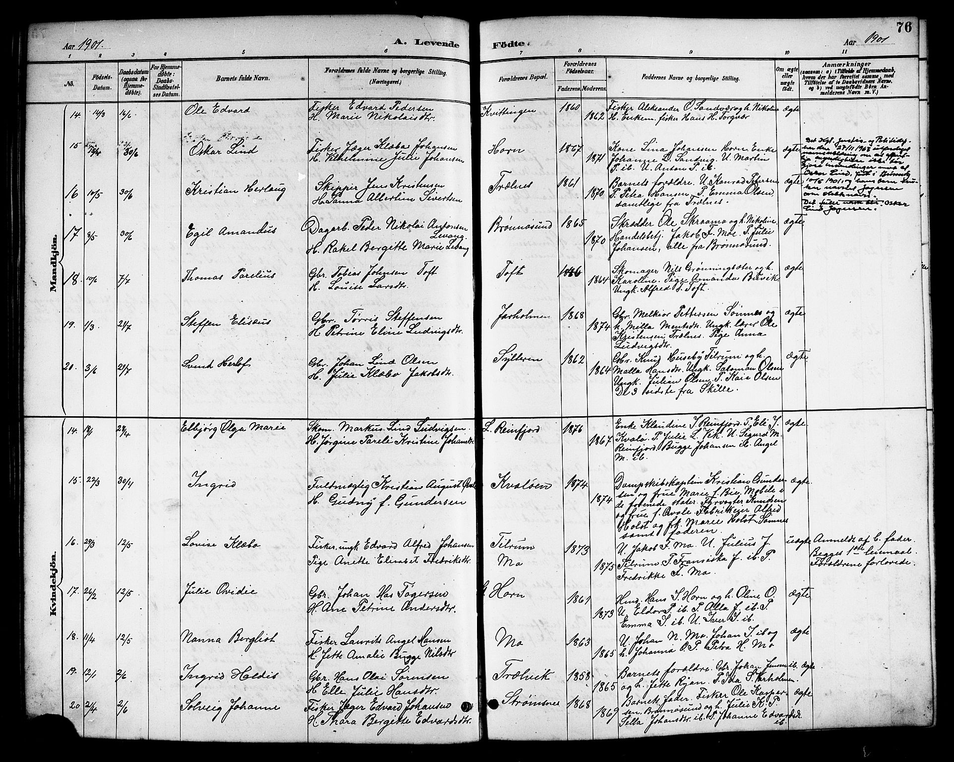 Ministerialprotokoller, klokkerbøker og fødselsregistre - Nordland, AV/SAT-A-1459/813/L0213: Parish register (copy) no. 813C05, 1887-1903, p. 76