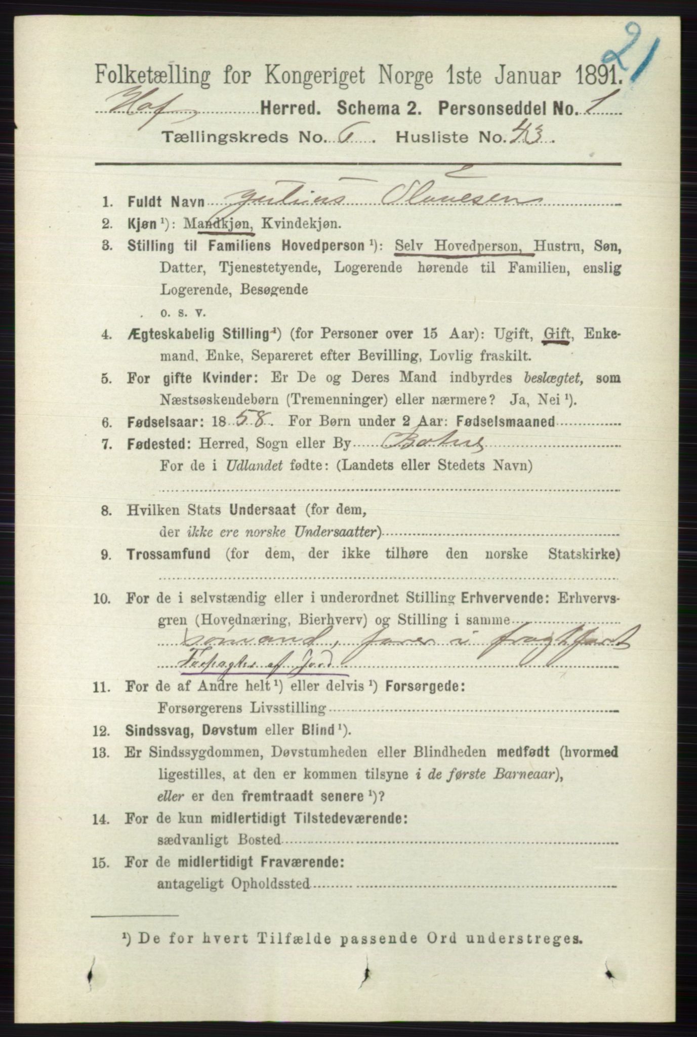 RA, 1891 census for 0714 Hof, 1891, p. 2054