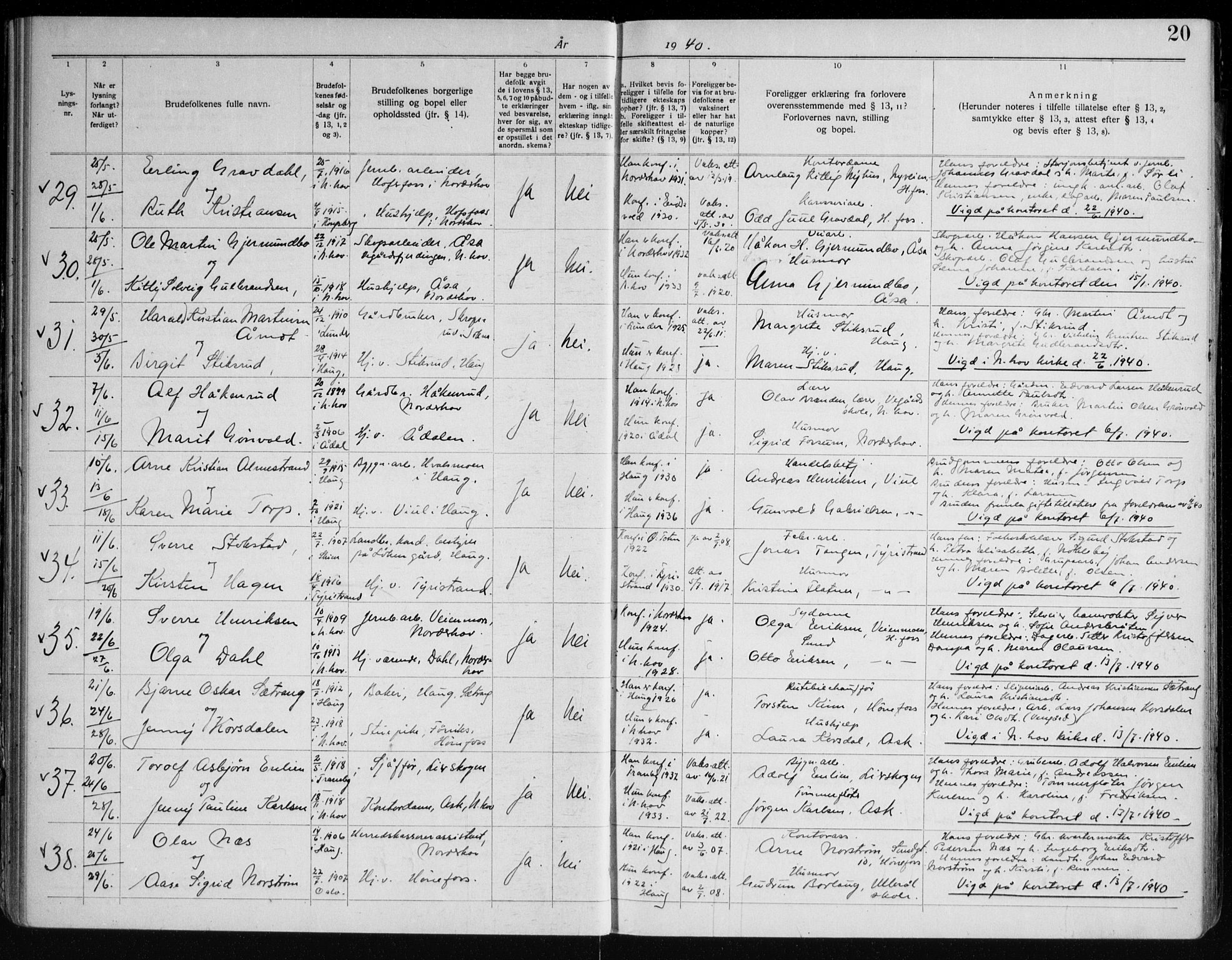 Norderhov kirkebøker, AV/SAKO-A-237/H/Ha/L0005: Banns register no. 5, 1938-1954, p. 20