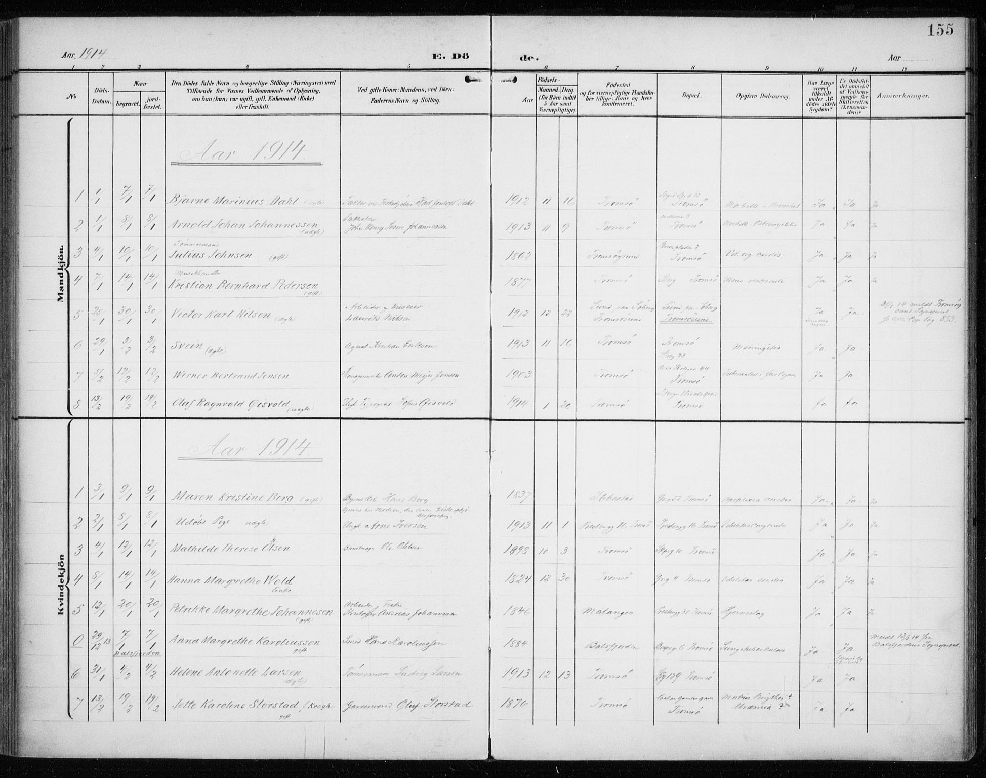 Tromsø sokneprestkontor/stiftsprosti/domprosti, SATØ/S-1343/G/Ga/L0018kirke: Parish register (official) no. 18, 1907-1917, p. 155