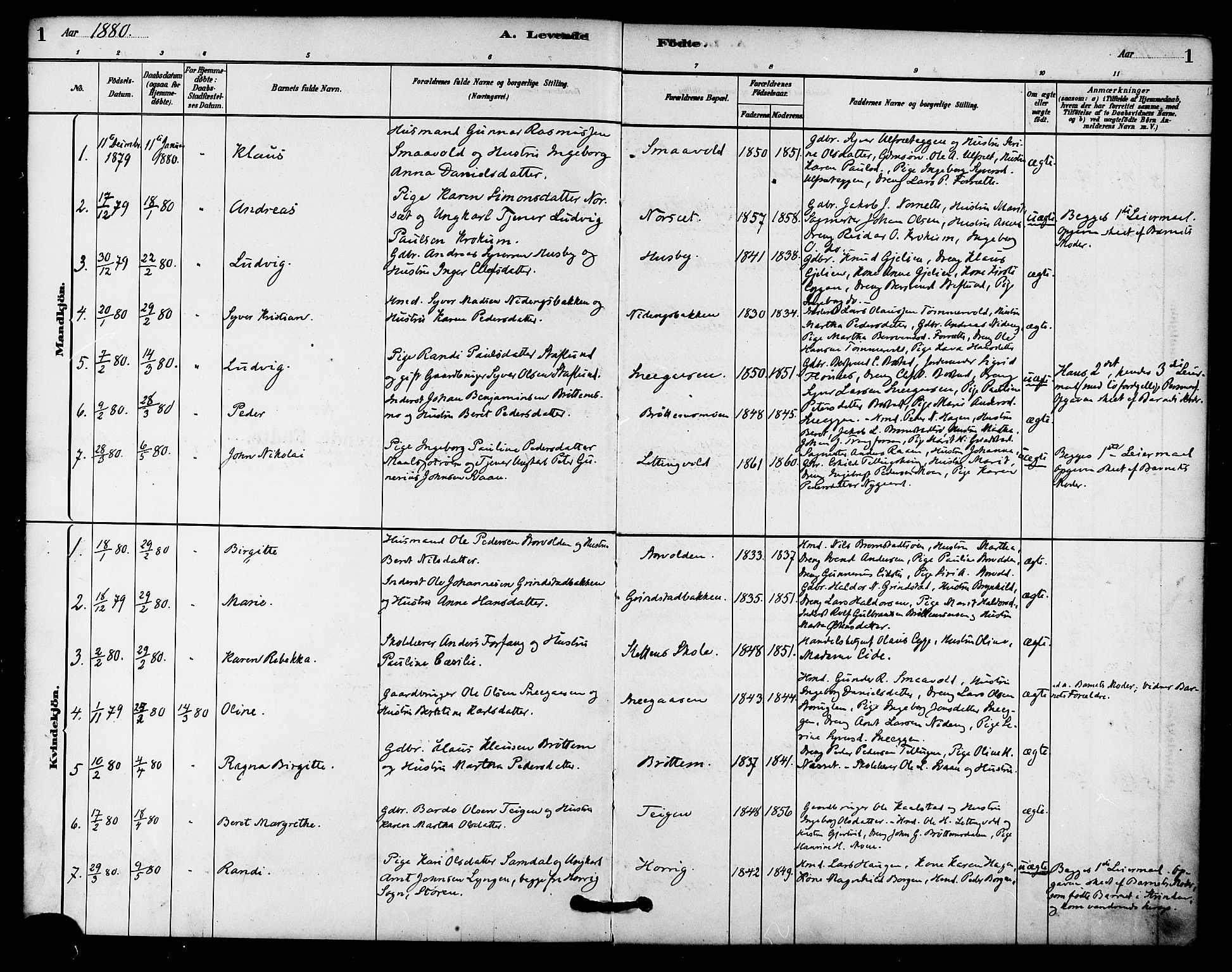 Ministerialprotokoller, klokkerbøker og fødselsregistre - Sør-Trøndelag, AV/SAT-A-1456/618/L0444: Parish register (official) no. 618A07, 1880-1898, p. 1