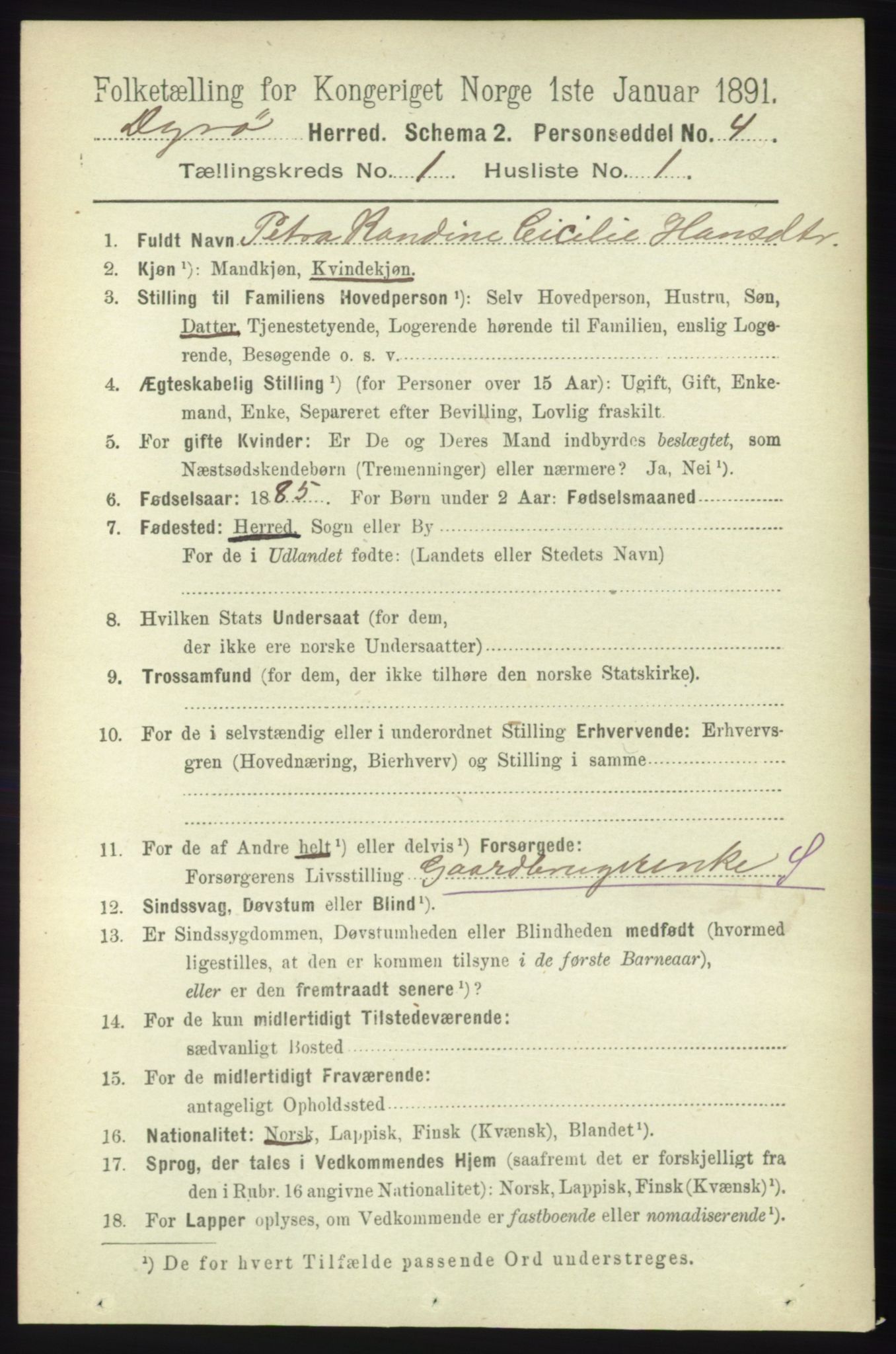 RA, 1891 census for 1926 Dyrøy, 1891, p. 75