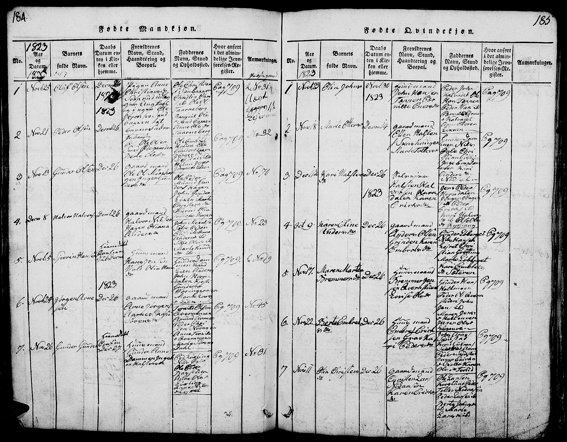 Elverum prestekontor, SAH/PREST-044/H/Ha/Hab/L0001: Parish register (copy) no. 1, 1815-1829, p. 184-185