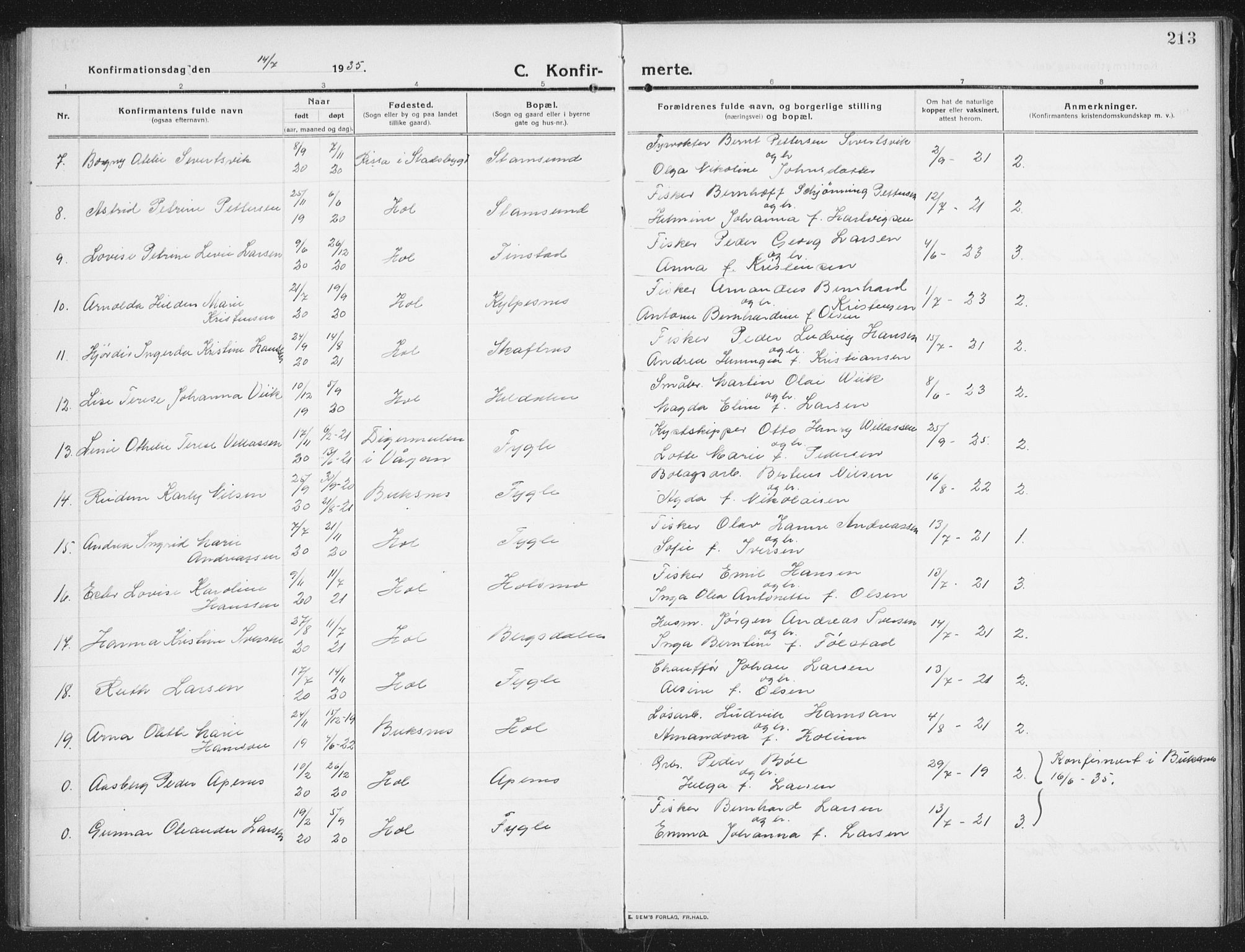 Ministerialprotokoller, klokkerbøker og fødselsregistre - Nordland, SAT/A-1459/882/L1183: Parish register (copy) no. 882C01, 1911-1938, p. 213