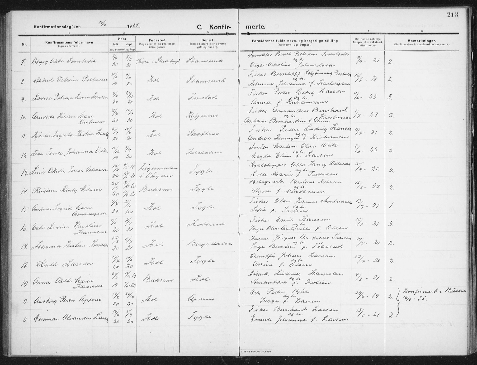 Ministerialprotokoller, klokkerbøker og fødselsregistre - Nordland, AV/SAT-A-1459/882/L1183: Parish register (copy) no. 882C01, 1911-1938, p. 213