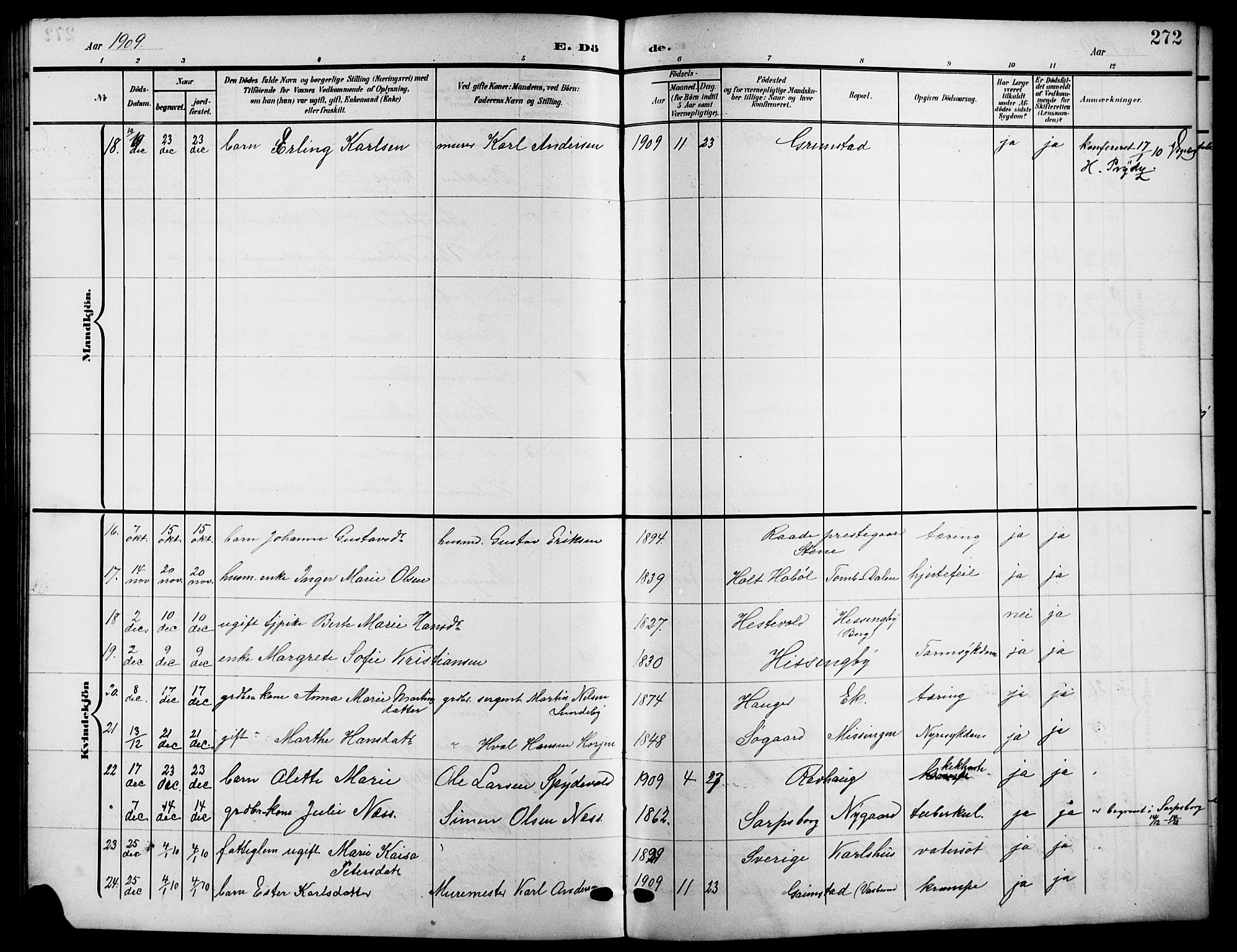 Råde prestekontor kirkebøker, AV/SAO-A-2009/G/Ga/L0001: Parish register (copy) no. 1, 1903-1925, p. 272