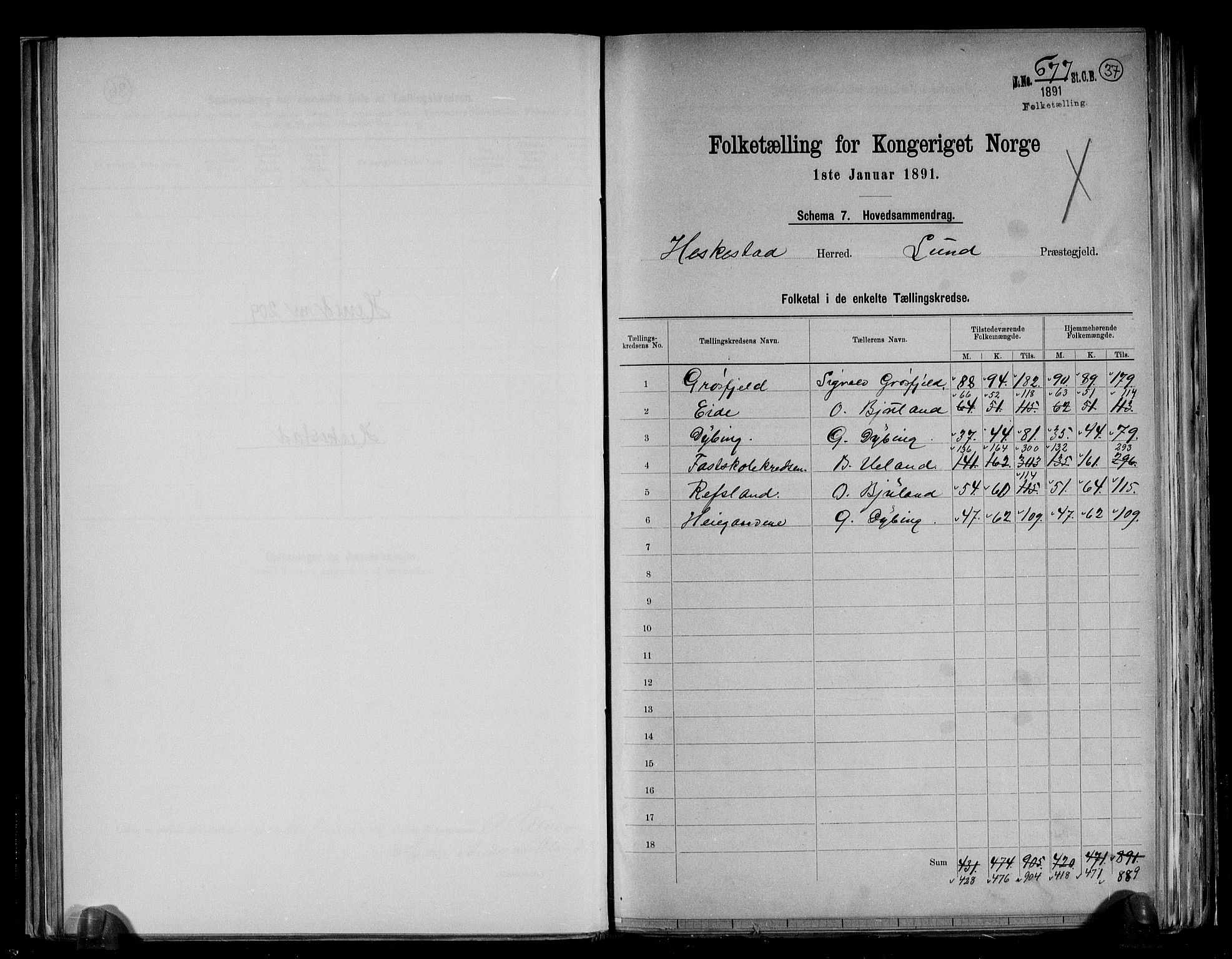 RA, 1891 census for 1113 Heskestad, 1891, p. 2
