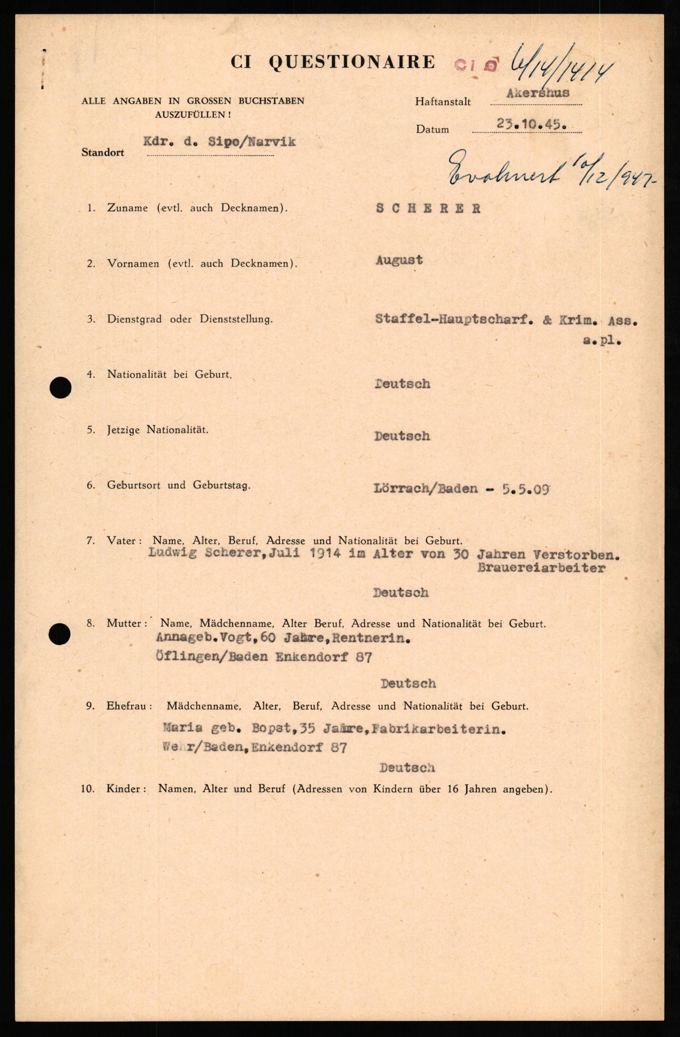Forsvaret, Forsvarets overkommando II, RA/RAFA-3915/D/Db/L0029: CI Questionaires. Tyske okkupasjonsstyrker i Norge. Tyskere., 1945-1946, p. 133