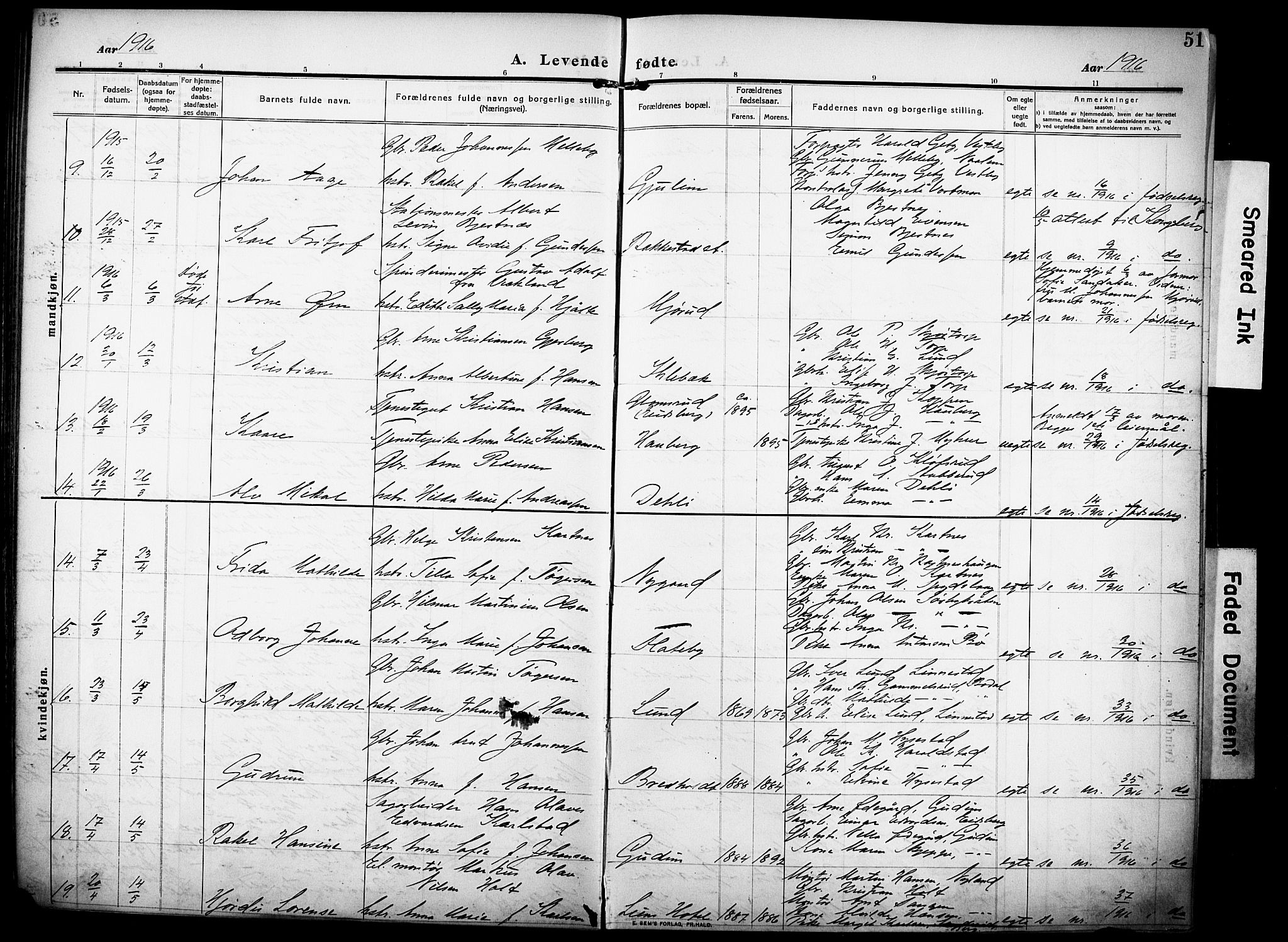 Rakkestad prestekontor Kirkebøker, AV/SAO-A-2008/F/Fa/L0015: Parish register (official) no. I 15, 1909-1922, p. 51