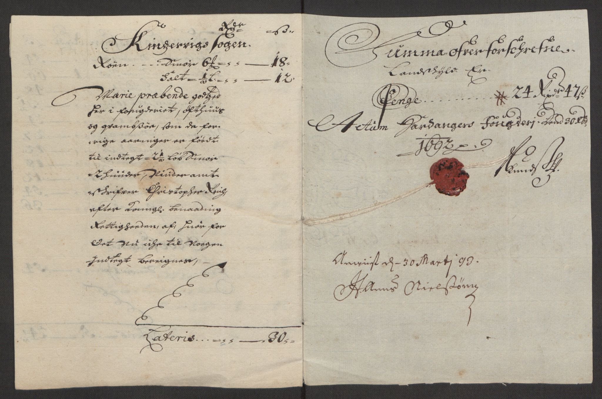 Rentekammeret inntil 1814, Reviderte regnskaper, Fogderegnskap, AV/RA-EA-4092/R48/L2973: Fogderegnskap Sunnhordland og Hardanger, 1691-1692, p. 623