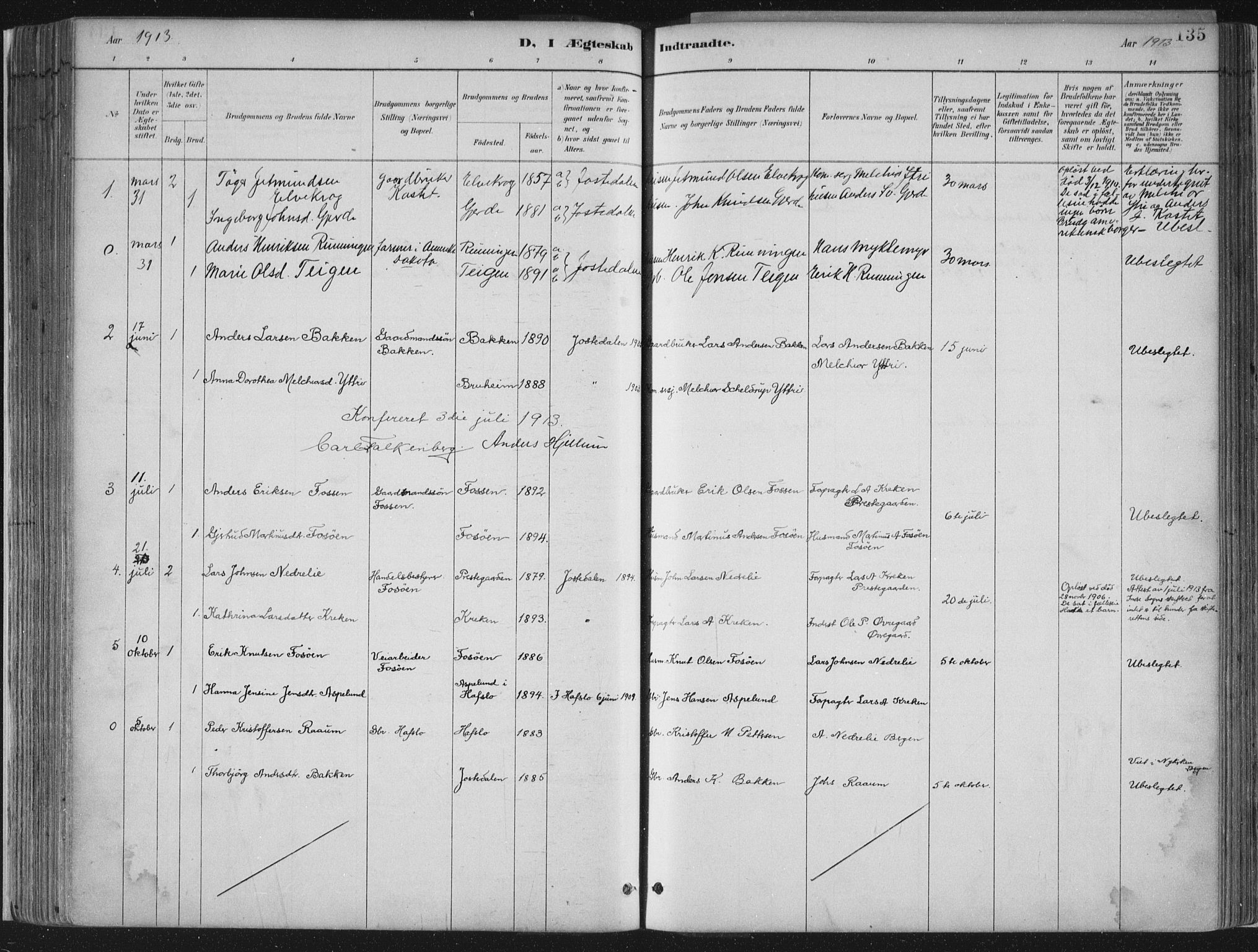 Jostedal sokneprestembete, SAB/A-80601/H/Haa/Haab/L0001: Parish register (official) no. B 1, 1887-1914, p. 135