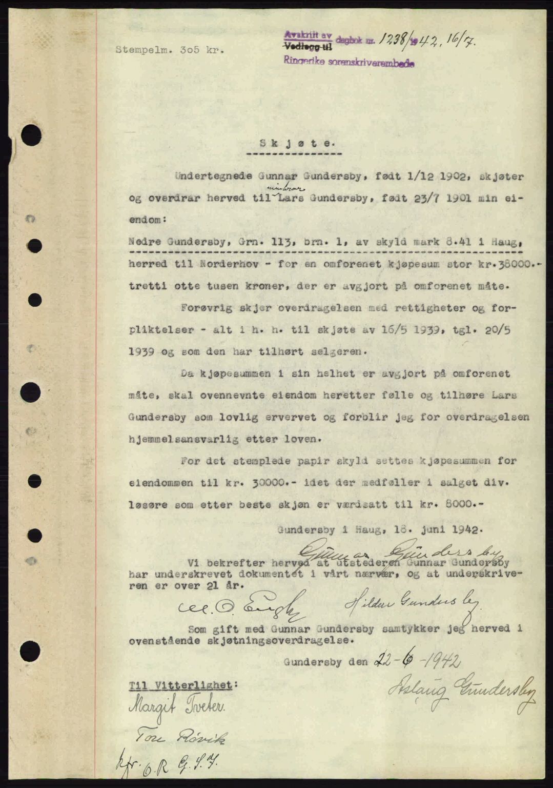 Ringerike sorenskriveri, AV/SAKO-A-105/G/Ga/Gab/L0078: Mortgage book no. A-10, 1942-1943, Diary no: : 1238/1942