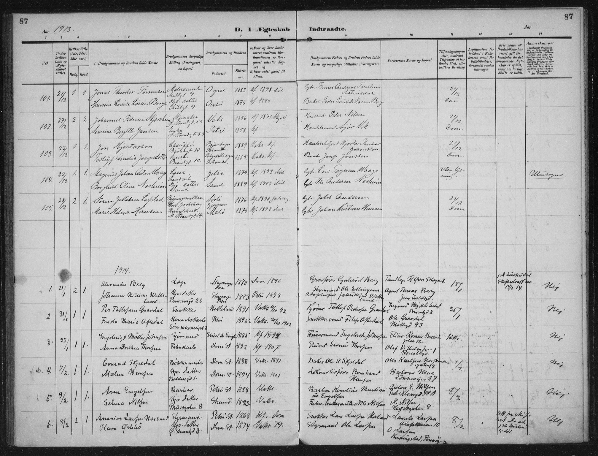 Domkirken sokneprestkontor, SAST/A-101812/002/A/L0016: Parish register (official) no. A 33, 1905-1922, p. 87