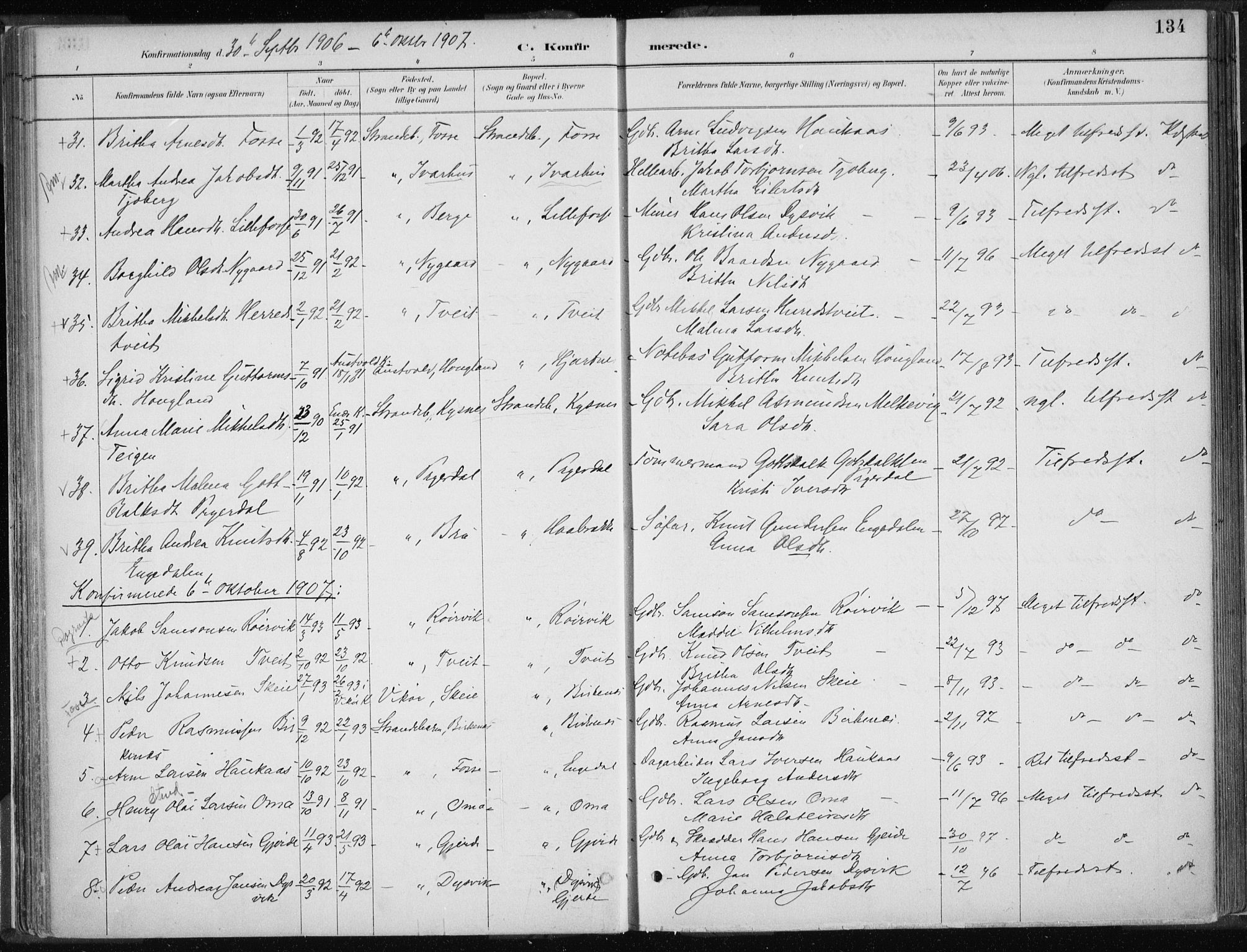 Strandebarm sokneprestembete, AV/SAB-A-78401/H/Haa: Parish register (official) no. B  1, 1886-1908, p. 134