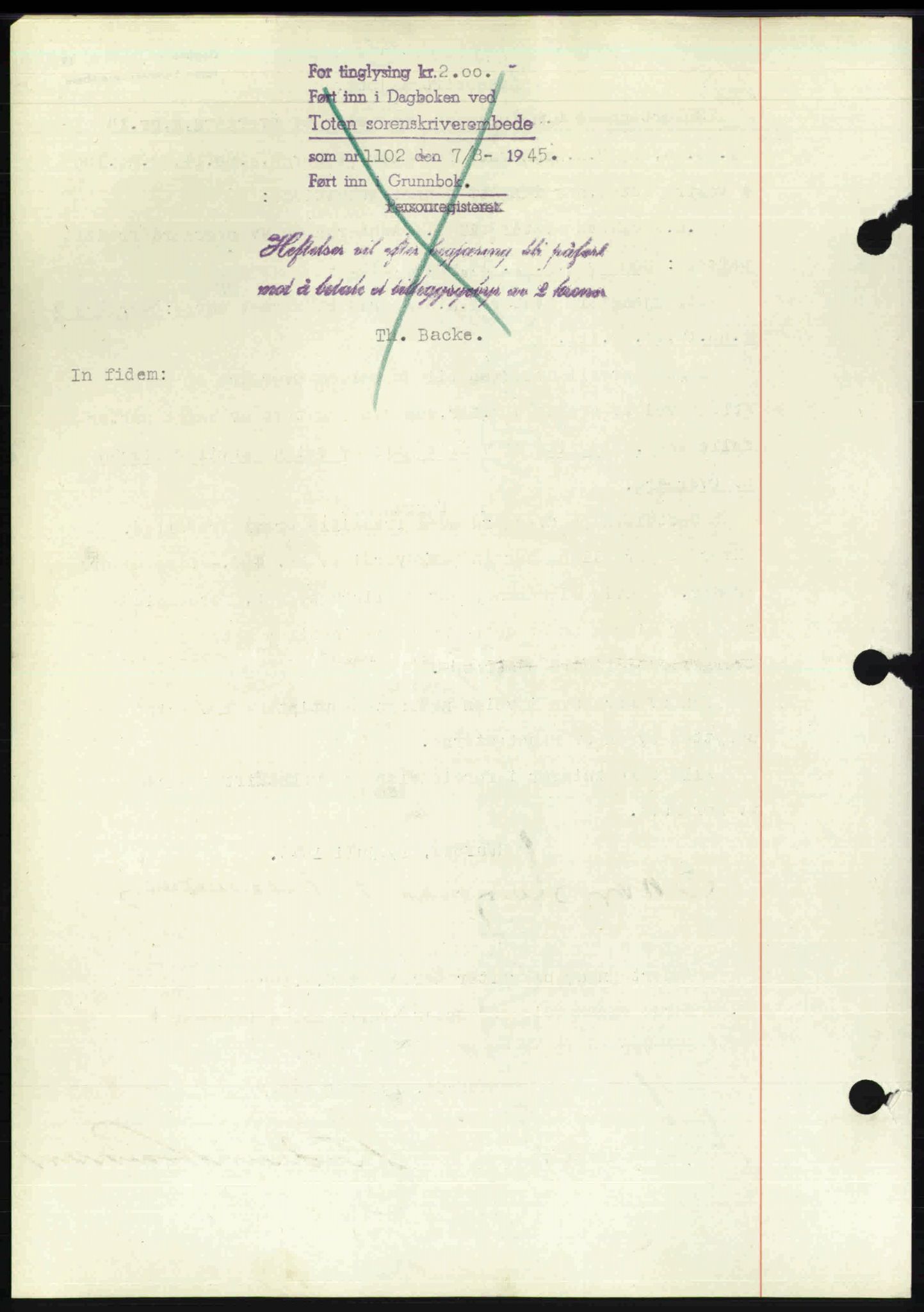 Toten tingrett, SAH/TING-006/H/Hb/Hbc/L0013: Mortgage book no. Hbc-13, 1945-1945, Diary no: : 1102/1945