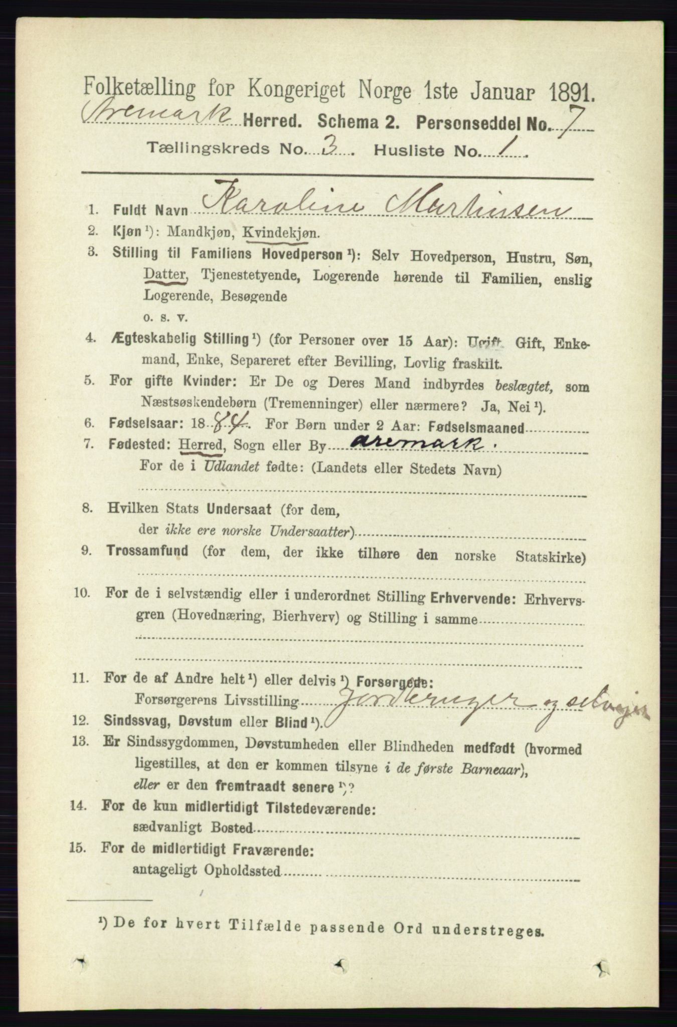 RA, 1891 census for 0118 Aremark, 1891, p. 1412