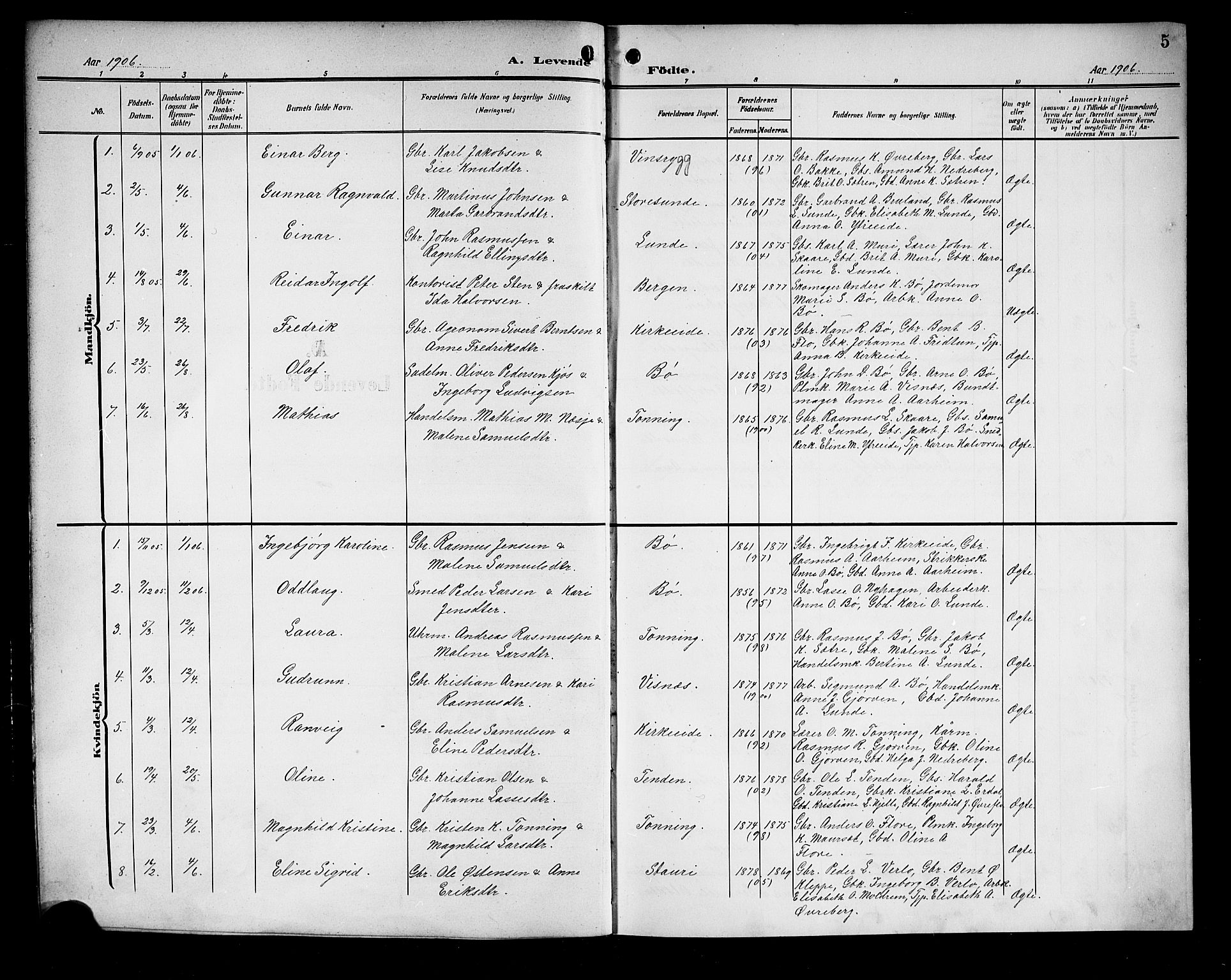 Stryn Sokneprestembete, SAB/A-82501: Parish register (copy) no. A 3, 1906-1924, p. 5
