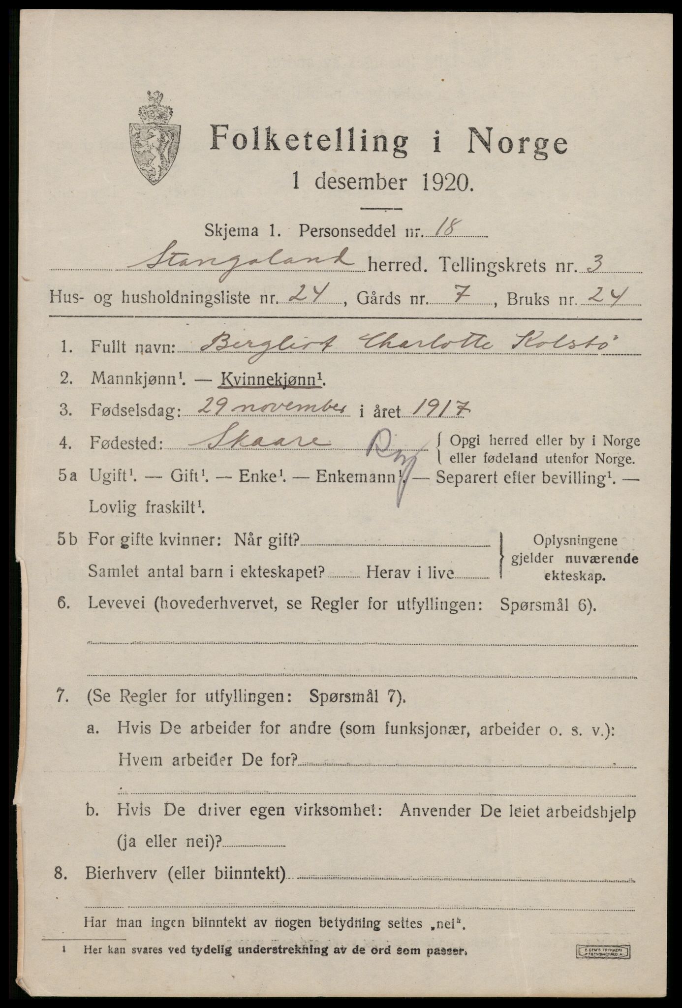 SAST, 1920 census for Stangaland, 1920, p. 2521