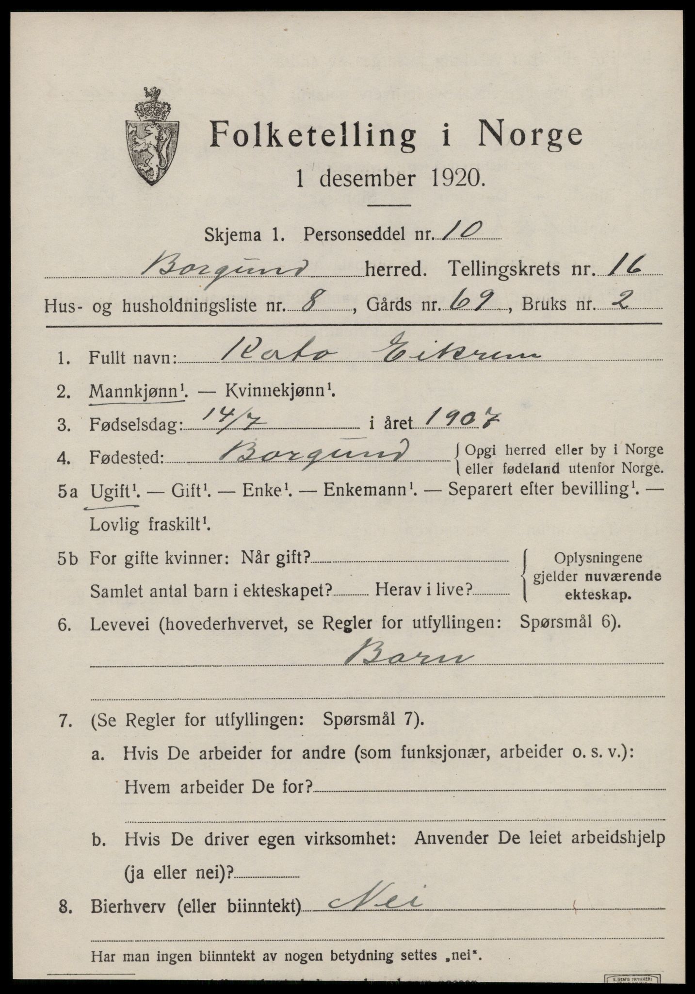 SAT, 1920 census for Borgund, 1920, p. 12058