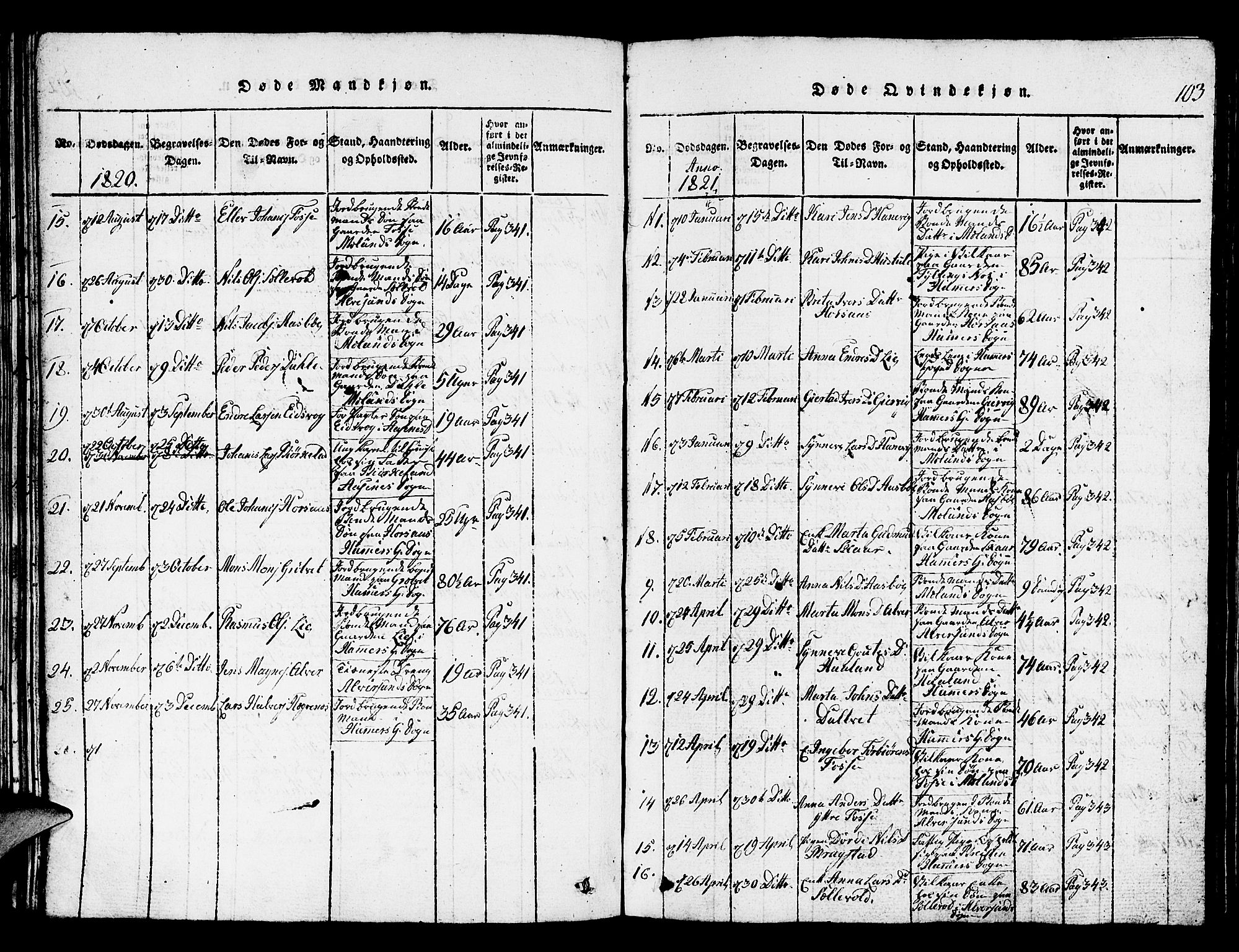 Hamre sokneprestembete, SAB/A-75501/H/Ha/Hab: Parish register (copy) no. A 1, 1816-1826, p. 103