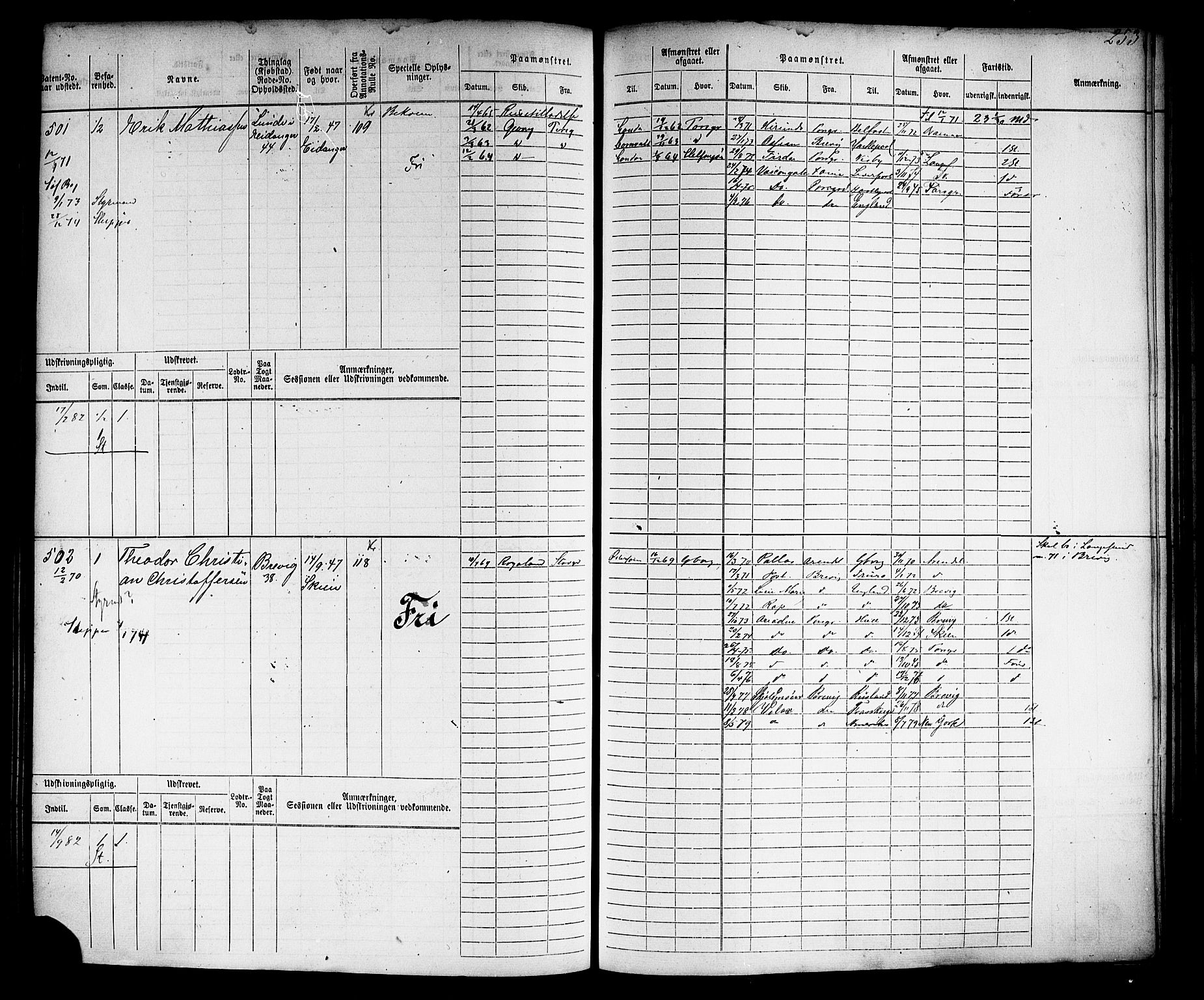 Brevik innrulleringskontor, AV/SAKO-A-833/F/Fb/L0001: Hovedrulle, 1869-1875, p. 255