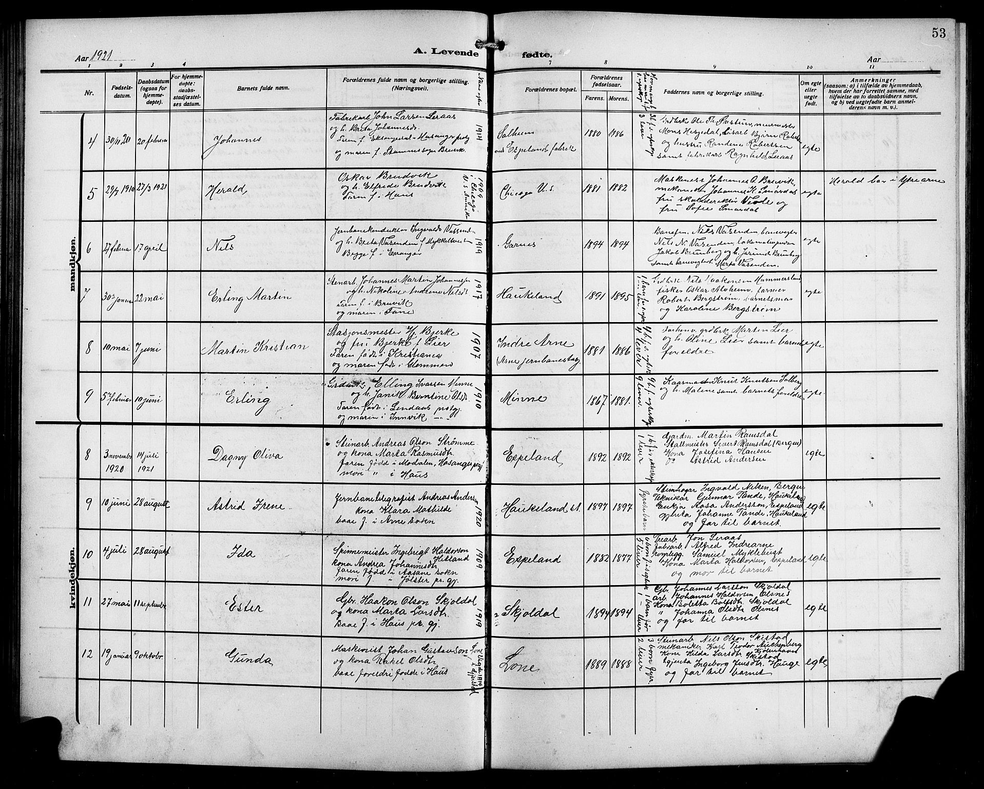 Arna Sokneprestembete, AV/SAB-A-74001/H/Ha/Hab: Parish register (copy) no. A 5, 1911-1921, p. 53