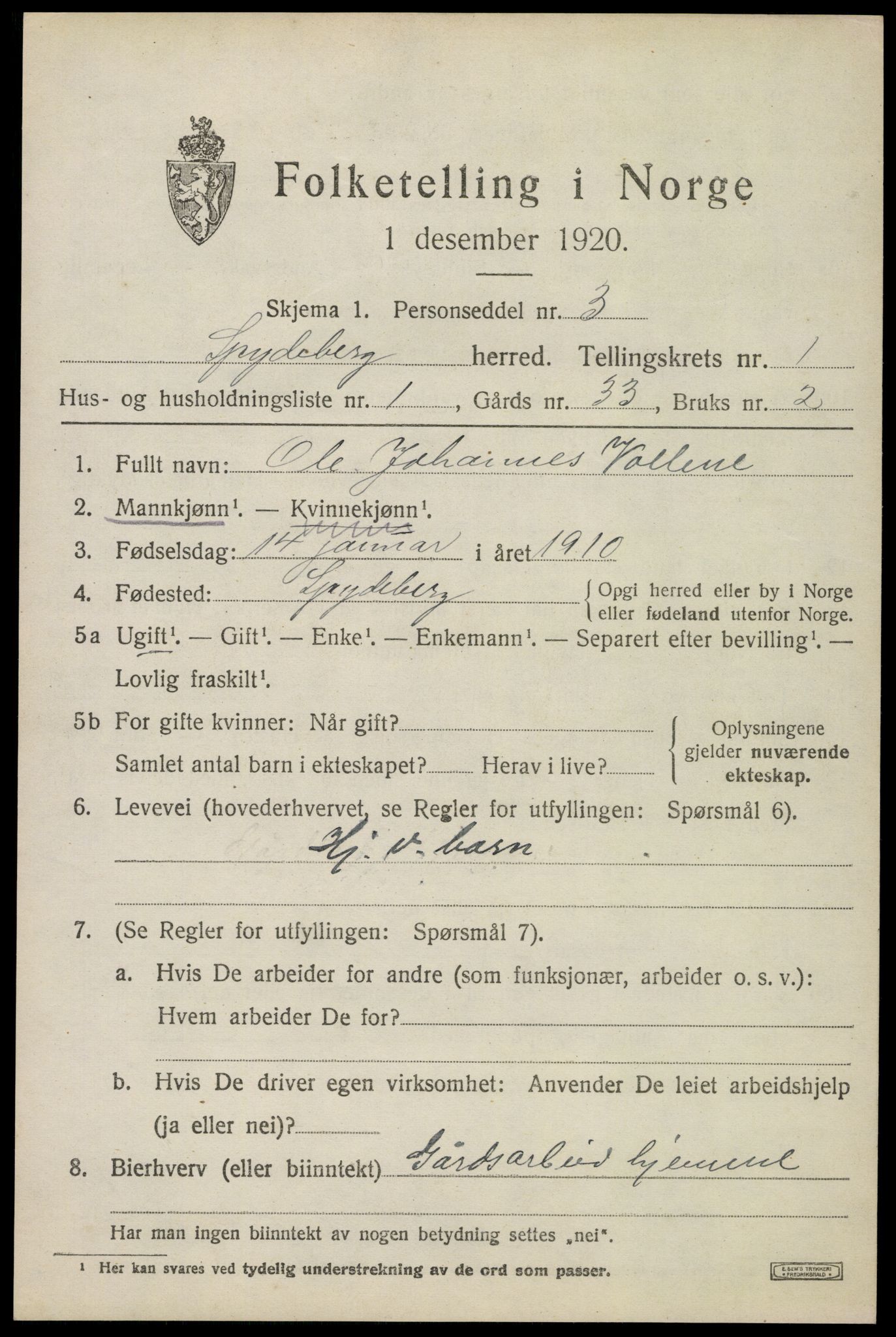 SAO, 1920 census for Spydeberg, 1920, p. 1041