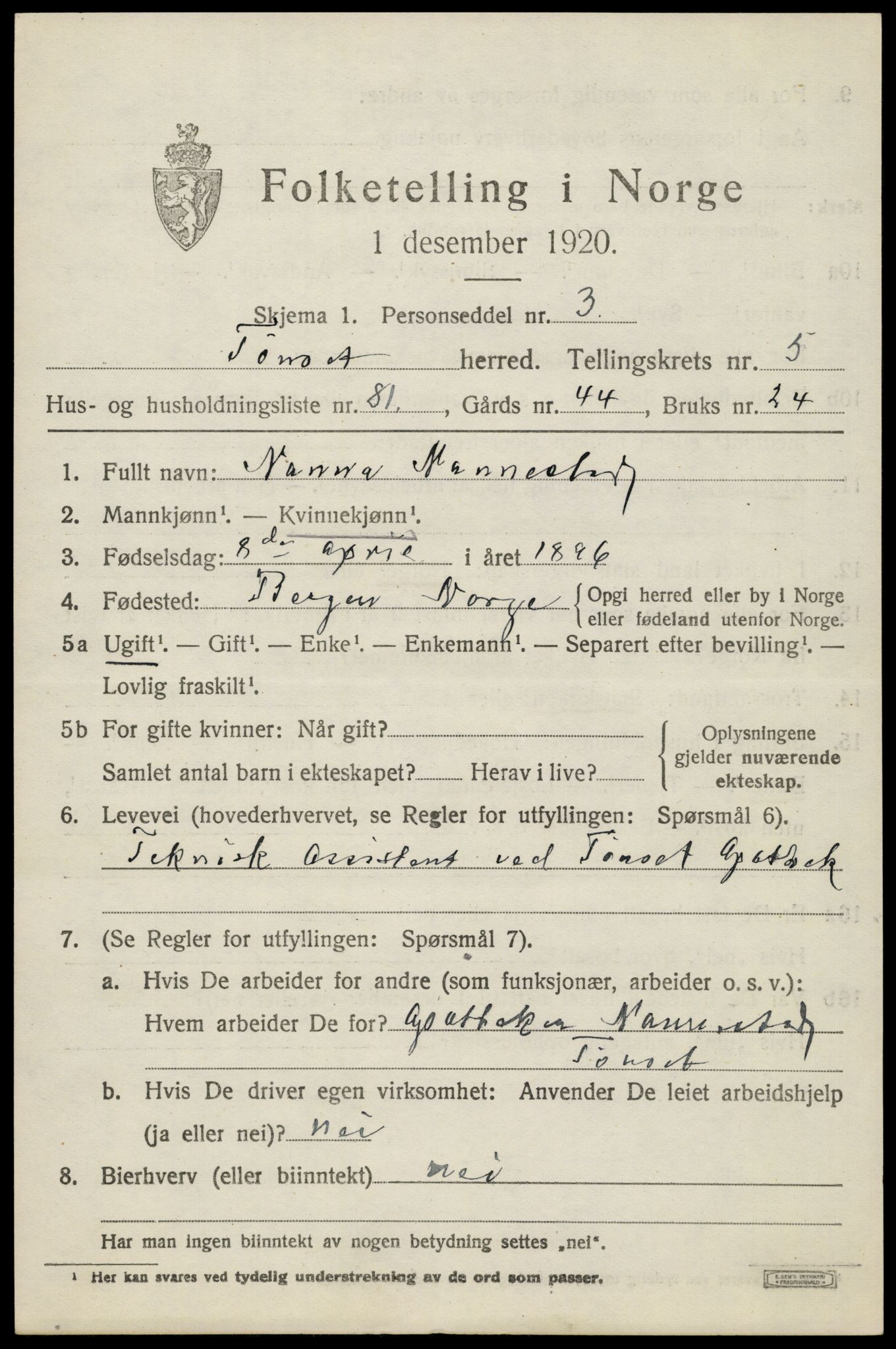 SAH, 1920 census for Tynset, 1920, p. 5470