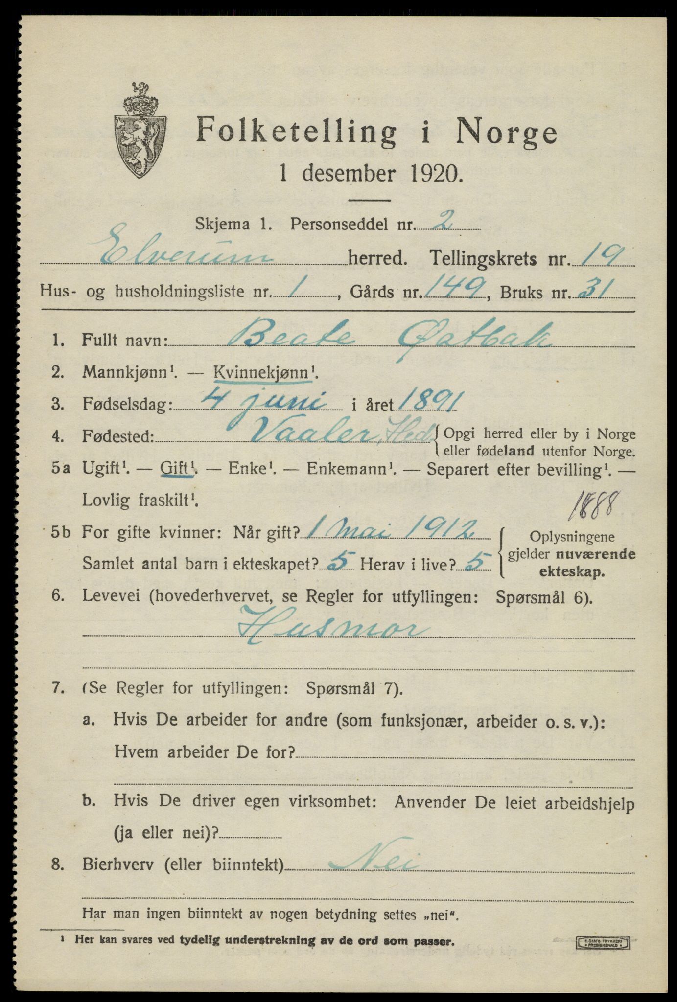 SAH, 1920 census for Elverum, 1920, p. 22540