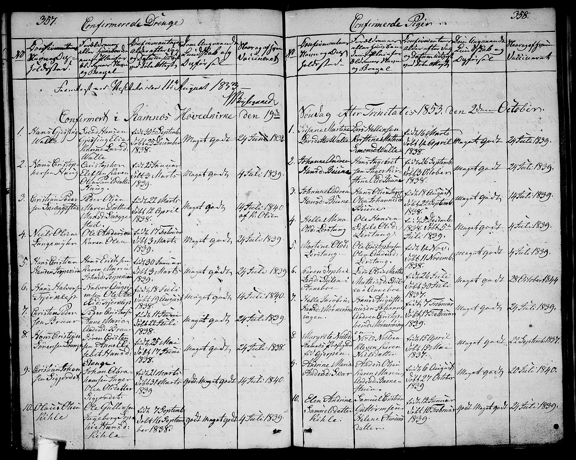 Ramnes kirkebøker, SAKO/A-314/G/Ga/L0002: Parish register (copy) no. I 2, 1848-1870, p. 357-358