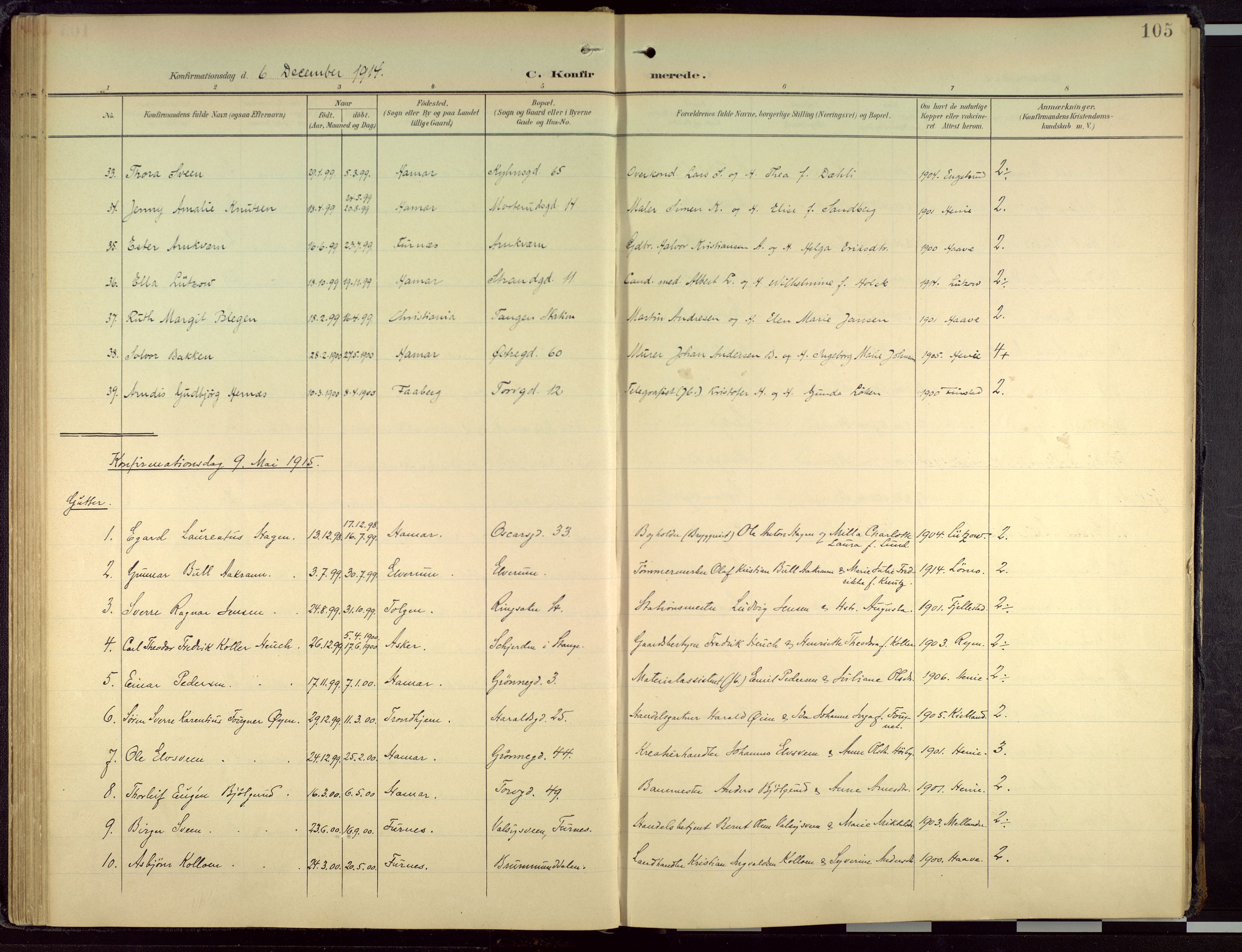 Hamar prestekontor, AV/SAH-DOMPH-002/H/Ha/Haa/L0004: Parish register (official) no. 4, 1899-1973, p. 105