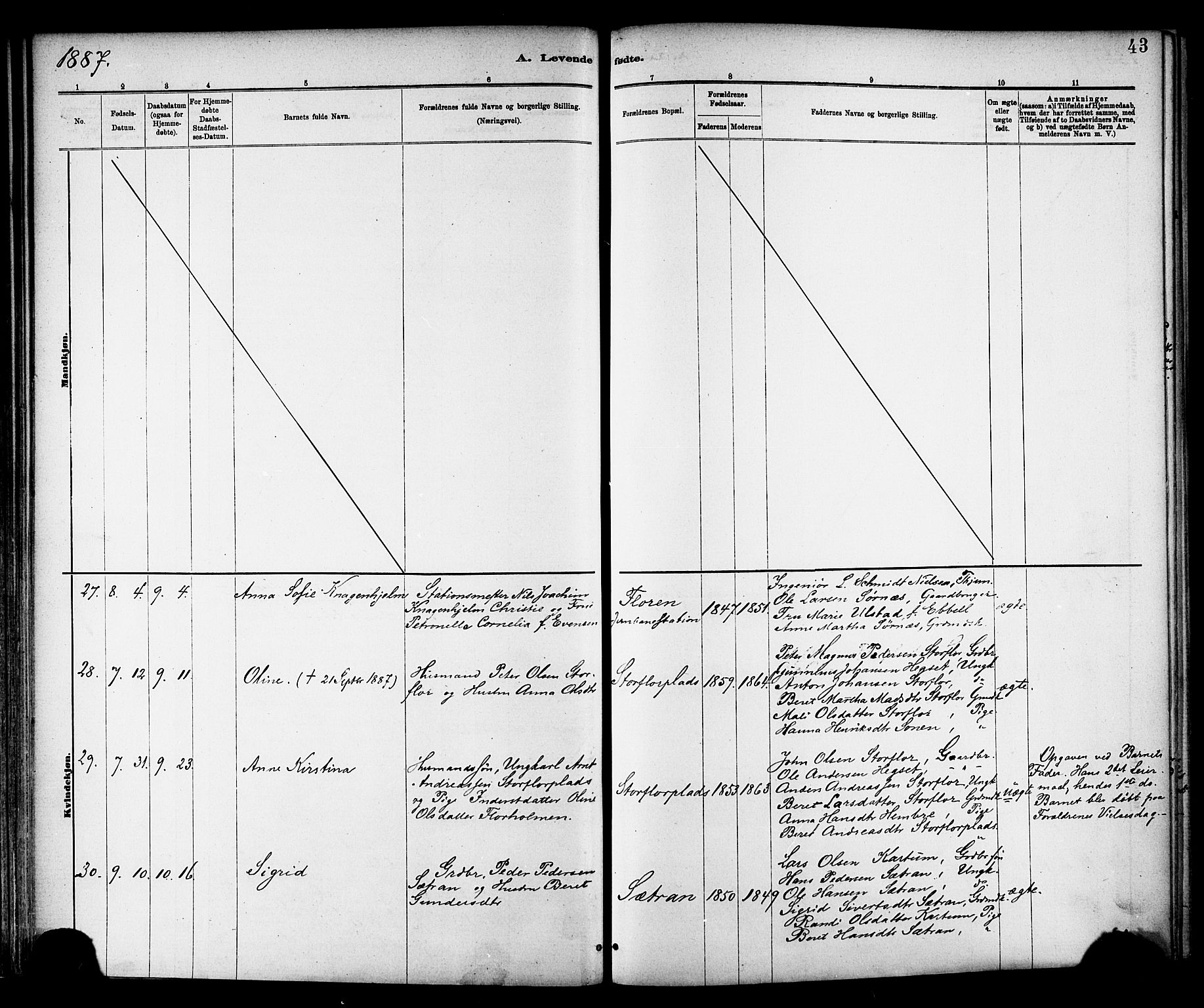 Ministerialprotokoller, klokkerbøker og fødselsregistre - Nord-Trøndelag, AV/SAT-A-1458/703/L0030: Parish register (official) no. 703A03, 1880-1892, p. 43