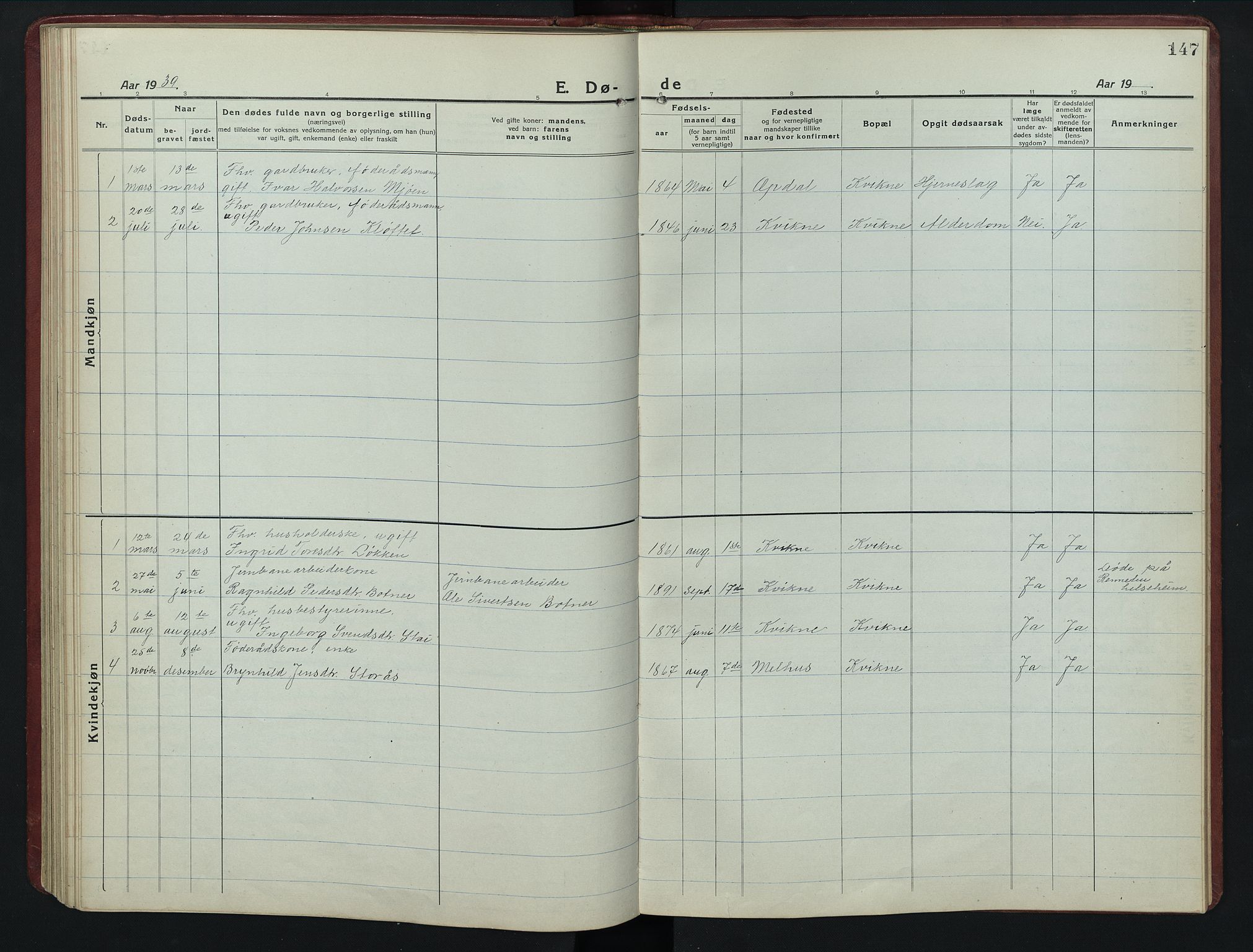 Kvikne prestekontor, AV/SAH-PREST-064/H/Ha/Hab/L0005: Parish register (copy) no. 5, 1919-1943, p. 147