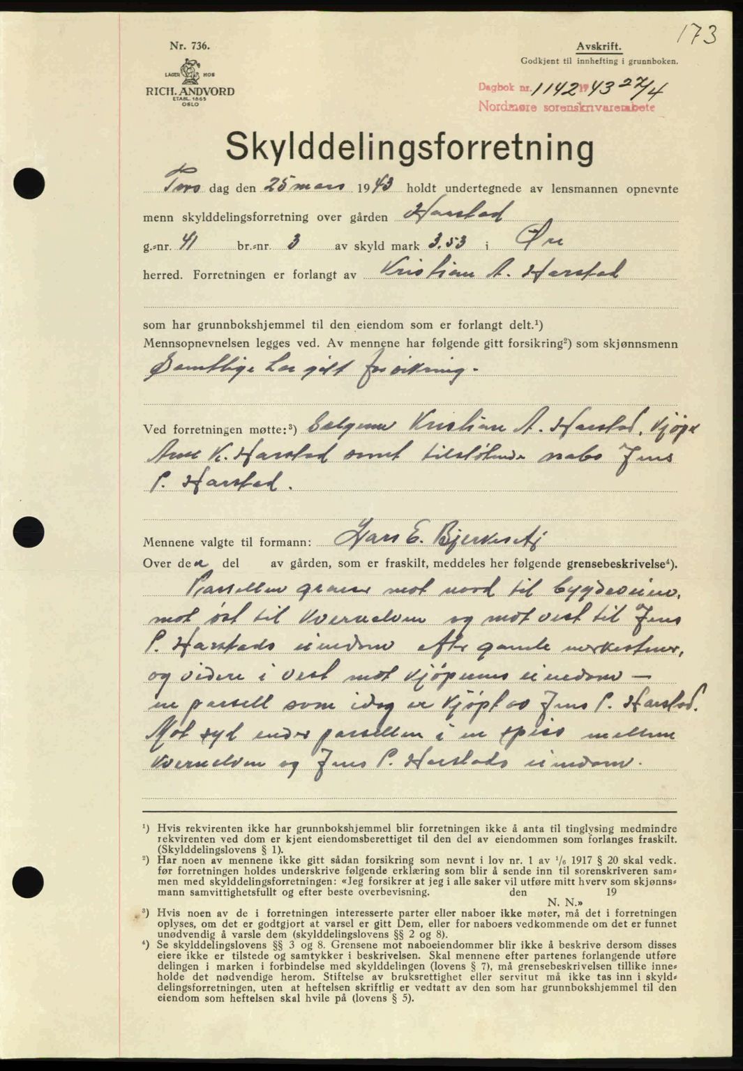 Nordmøre sorenskriveri, AV/SAT-A-4132/1/2/2Ca: Mortgage book no. A95, 1943-1943, Diary no: : 1142/1943