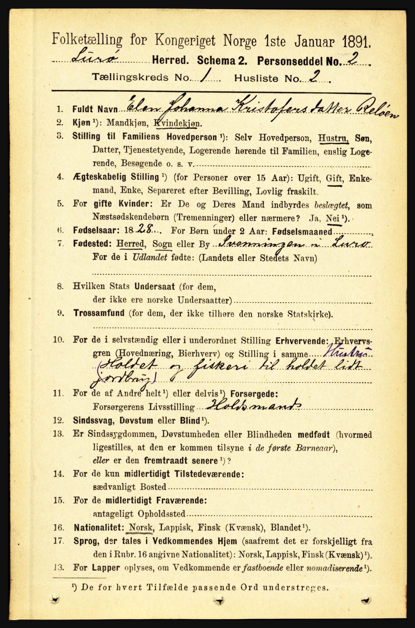 RA, 1891 census for 1834 Lurøy, 1891, p. 110