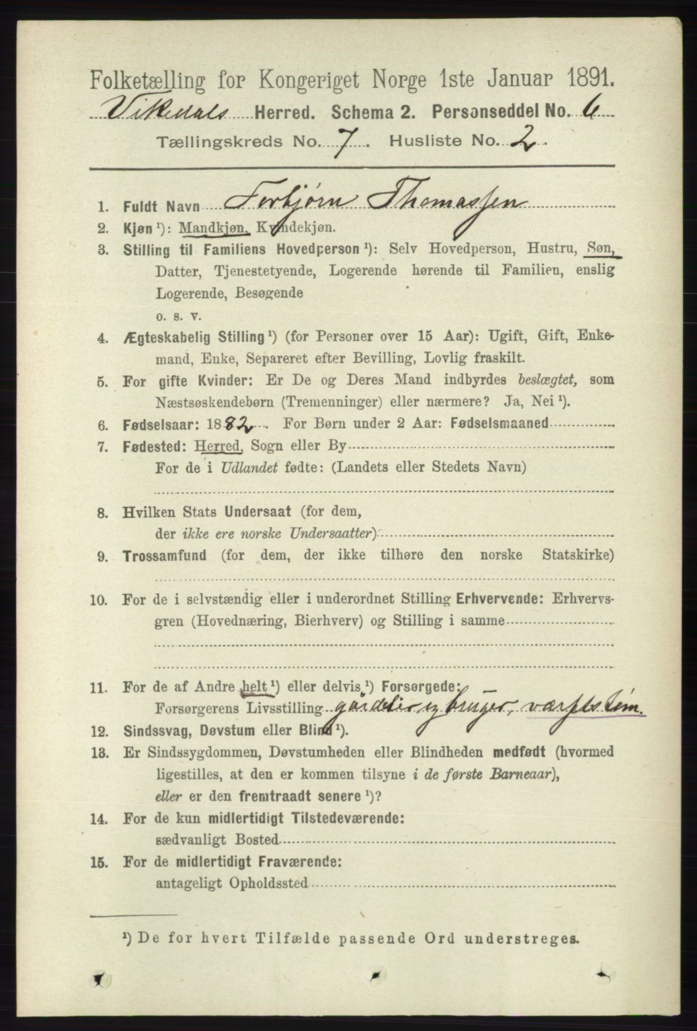 RA, 1891 census for 1157 Vikedal, 1891, p. 2047