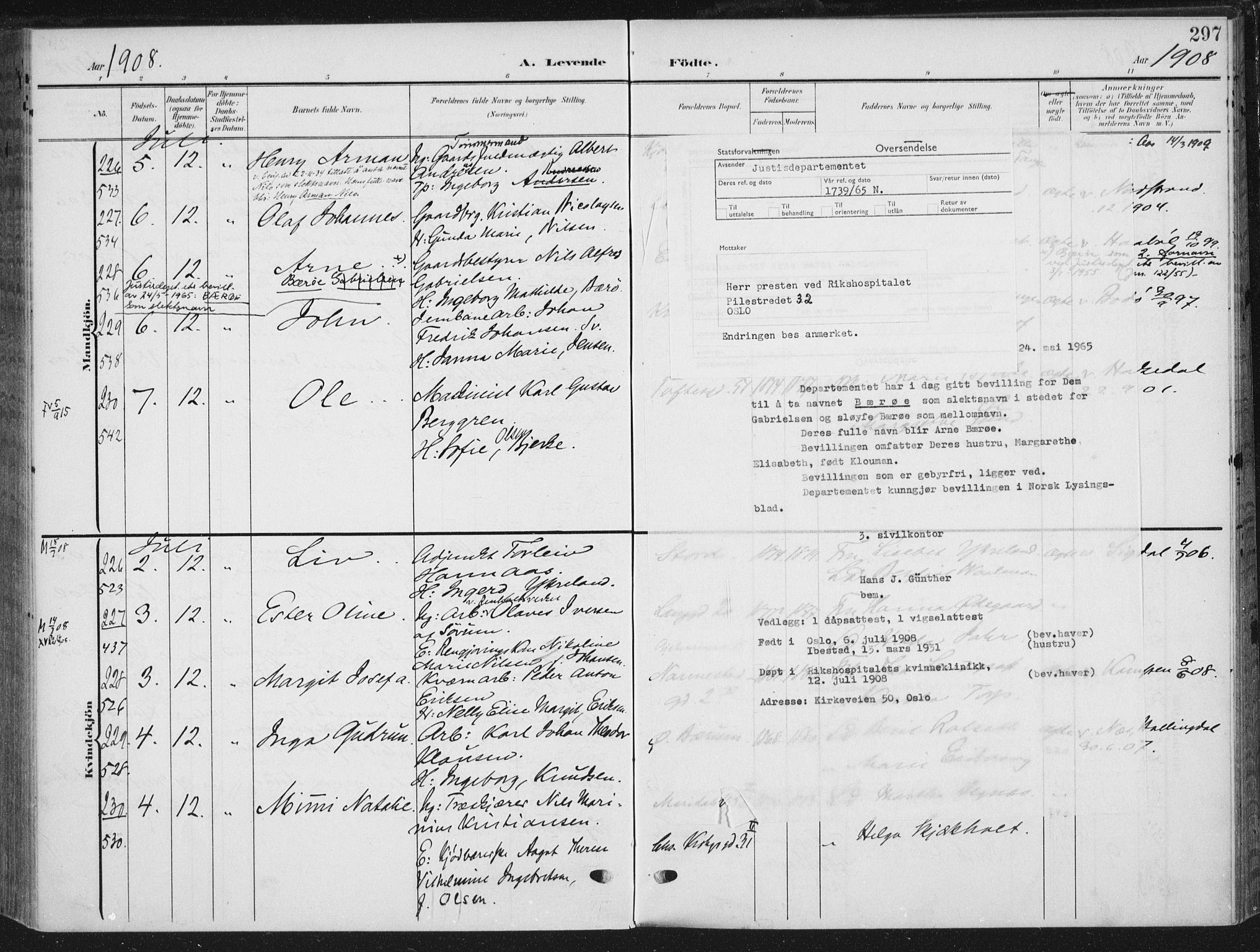 Rikshospitalet prestekontor Kirkebøker, AV/SAO-A-10309b/F/L0013: Parish register (official) no. 13, 1905-1908, p. 297