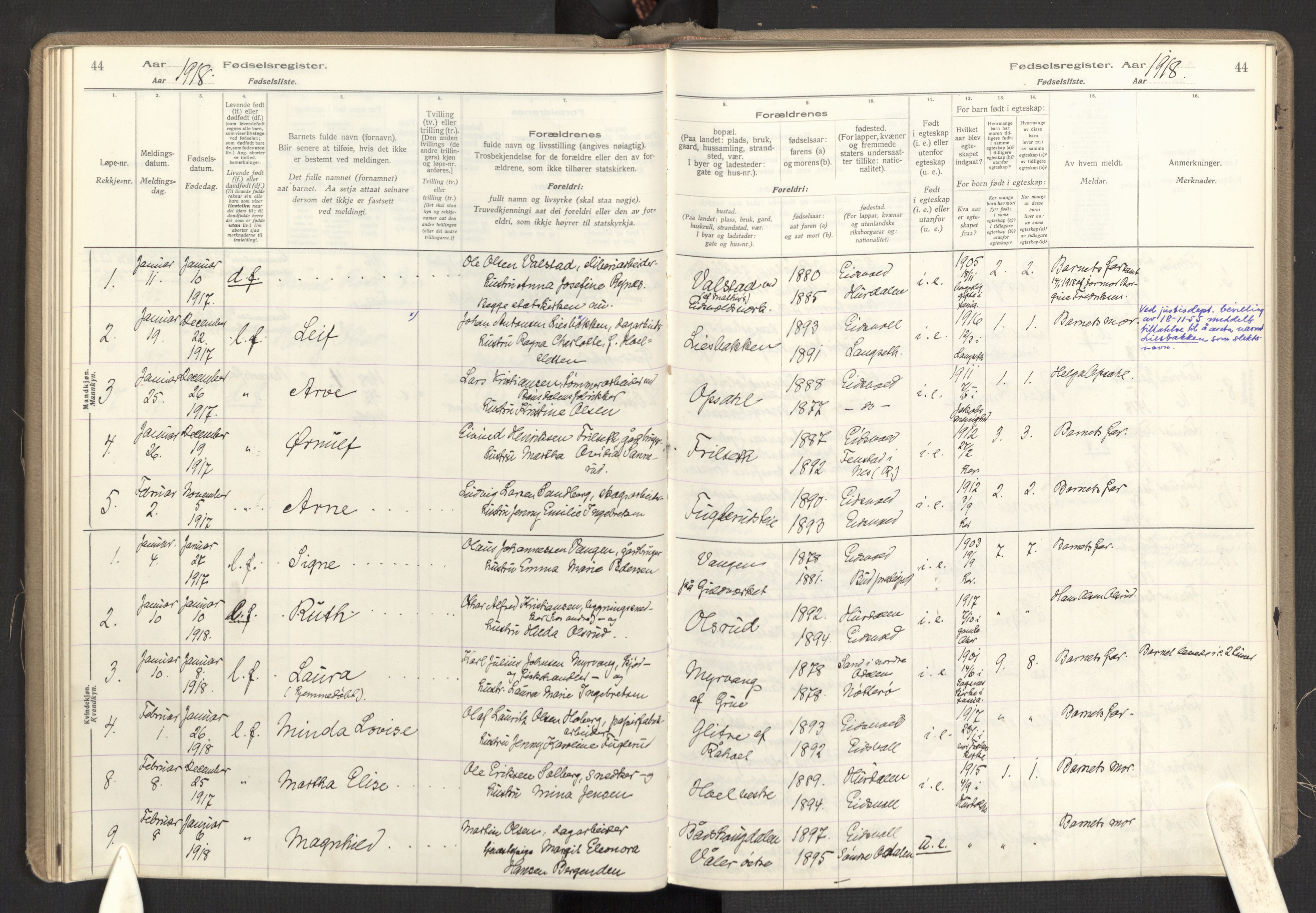 Eidsvoll prestekontor Kirkebøker, SAO/A-10888: Birth register no. I 1, 1916-1924, p. 44