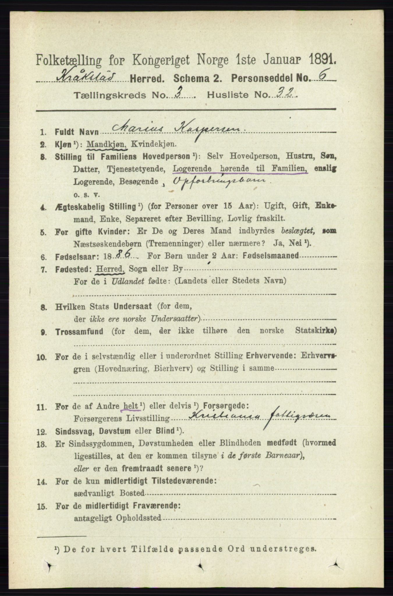 RA, 1891 census for 0212 Kråkstad, 1891, p. 1388