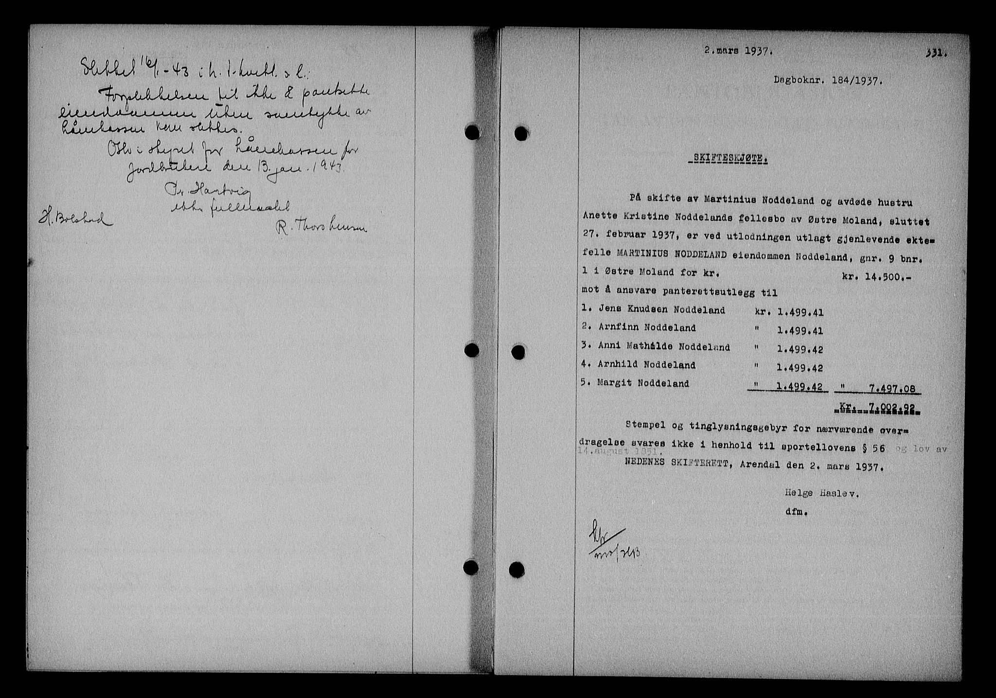 Nedenes sorenskriveri, AV/SAK-1221-0006/G/Gb/Gba/L0043: Mortgage book no. 39, 1936-1937, Diary no: : 184/1937