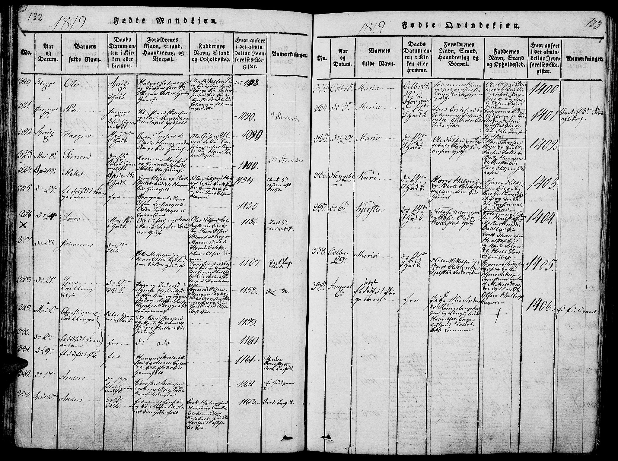 Ringsaker prestekontor, SAH/PREST-014/L/La/L0001: Parish register (copy) no. 1, 1814-1826, p. 132-133