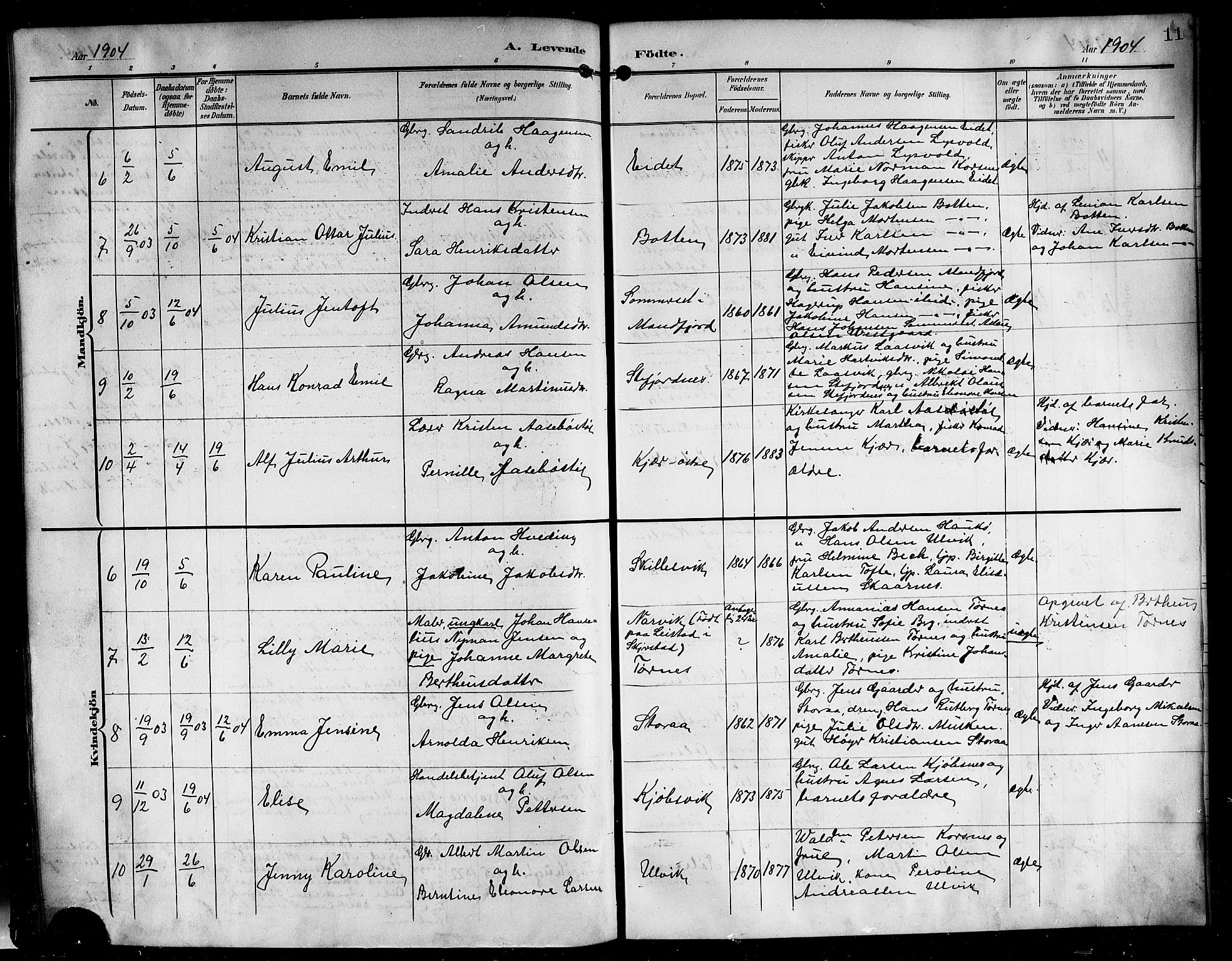 Ministerialprotokoller, klokkerbøker og fødselsregistre - Nordland, AV/SAT-A-1459/861/L0877: Parish register (copy) no. 861C03, 1903-1919, p. 11