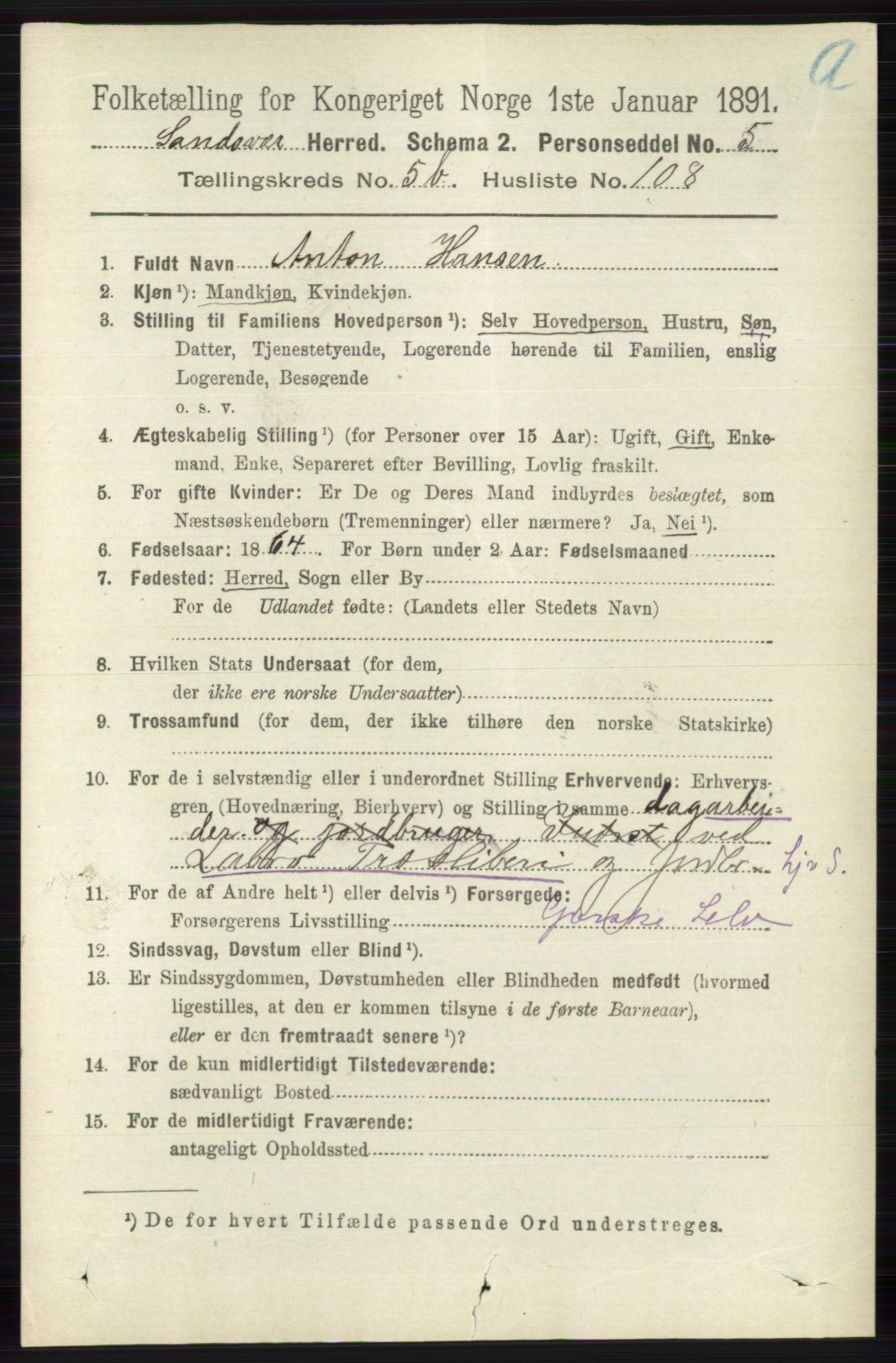 RA, 1891 census for 0629 Sandsvær, 1891, p. 3299