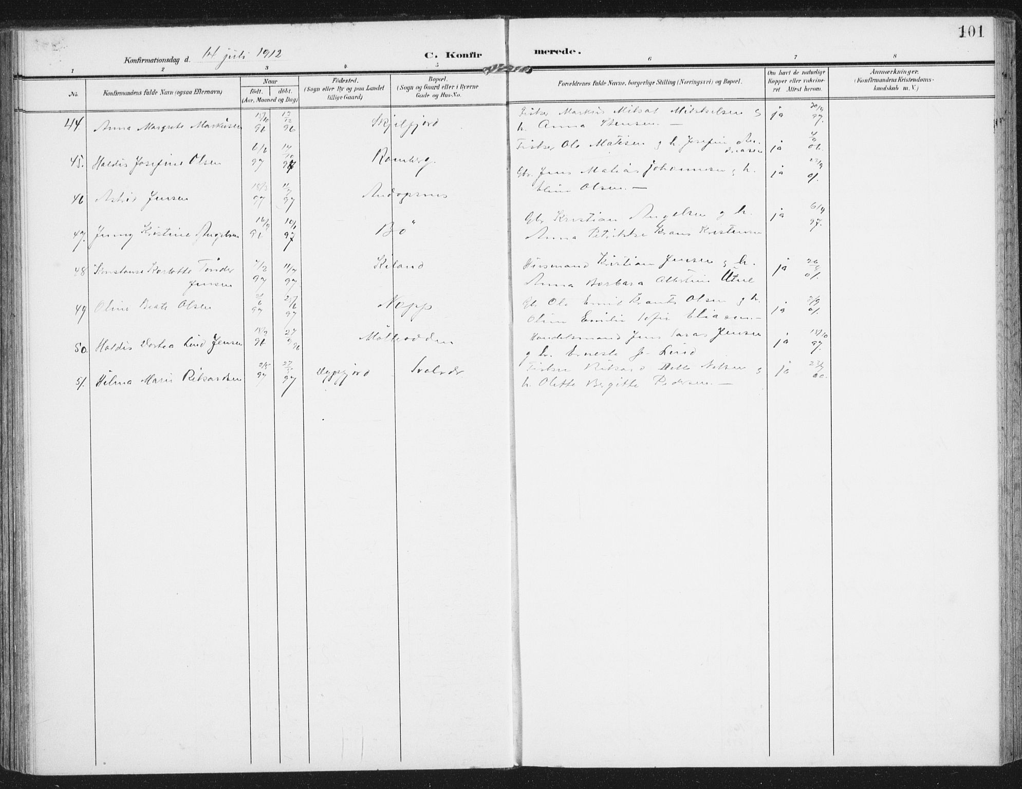 Ministerialprotokoller, klokkerbøker og fødselsregistre - Nordland, SAT/A-1459/885/L1206: Parish register (official) no. 885A07, 1905-1915, p. 101