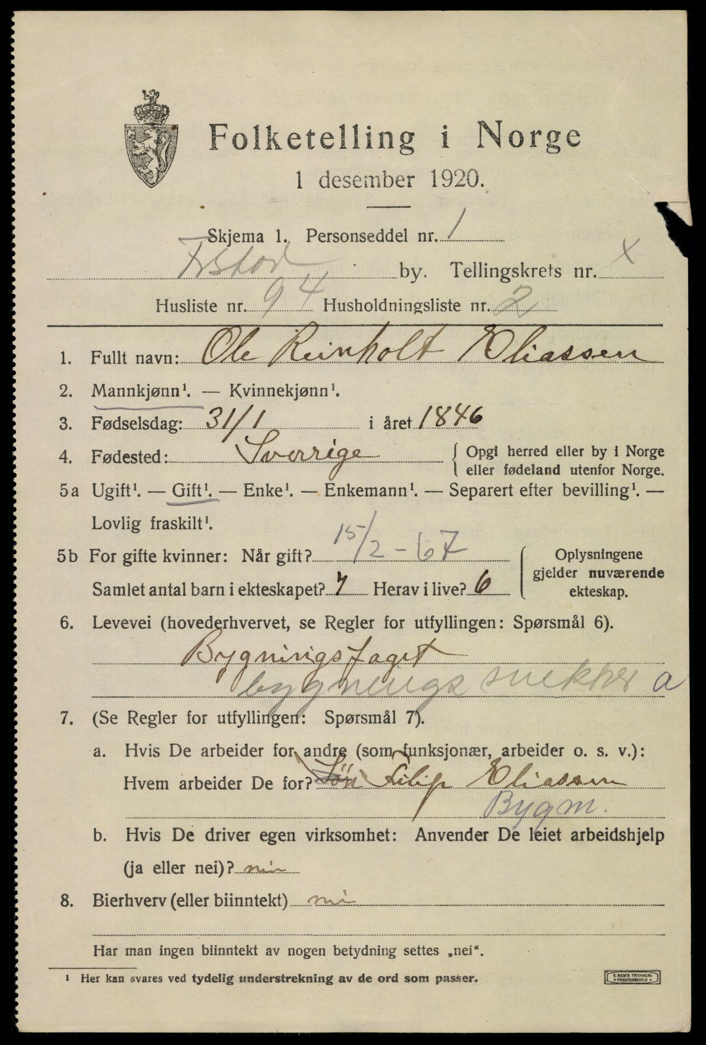 SAO, 1920 census for Fredrikstad, 1920, p. 18539