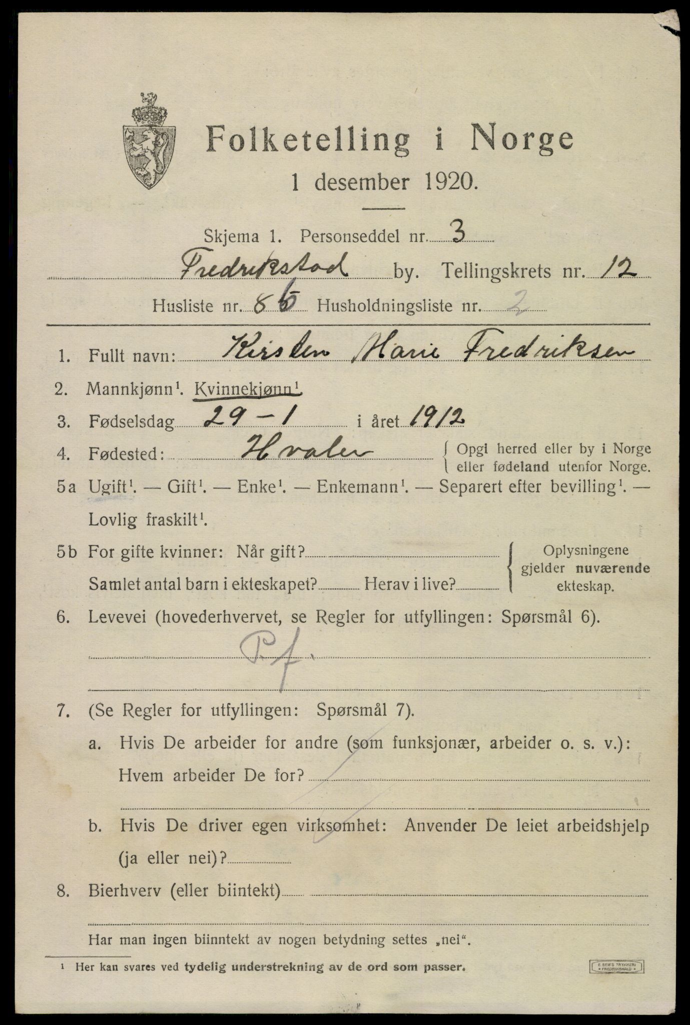 SAO, 1920 census for Fredrikstad, 1920, p. 32087