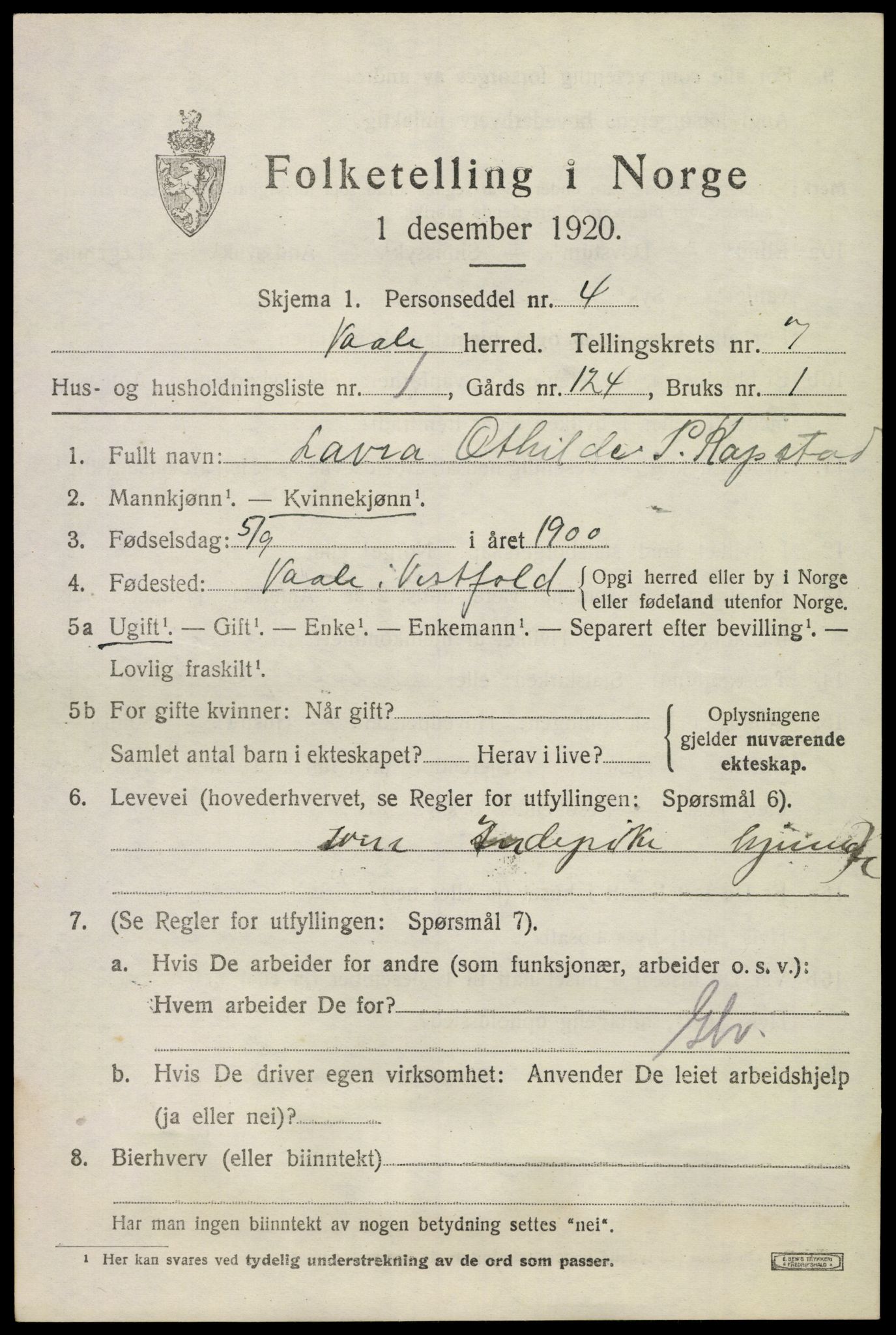 SAKO, 1920 census for Våle, 1920, p. 5506