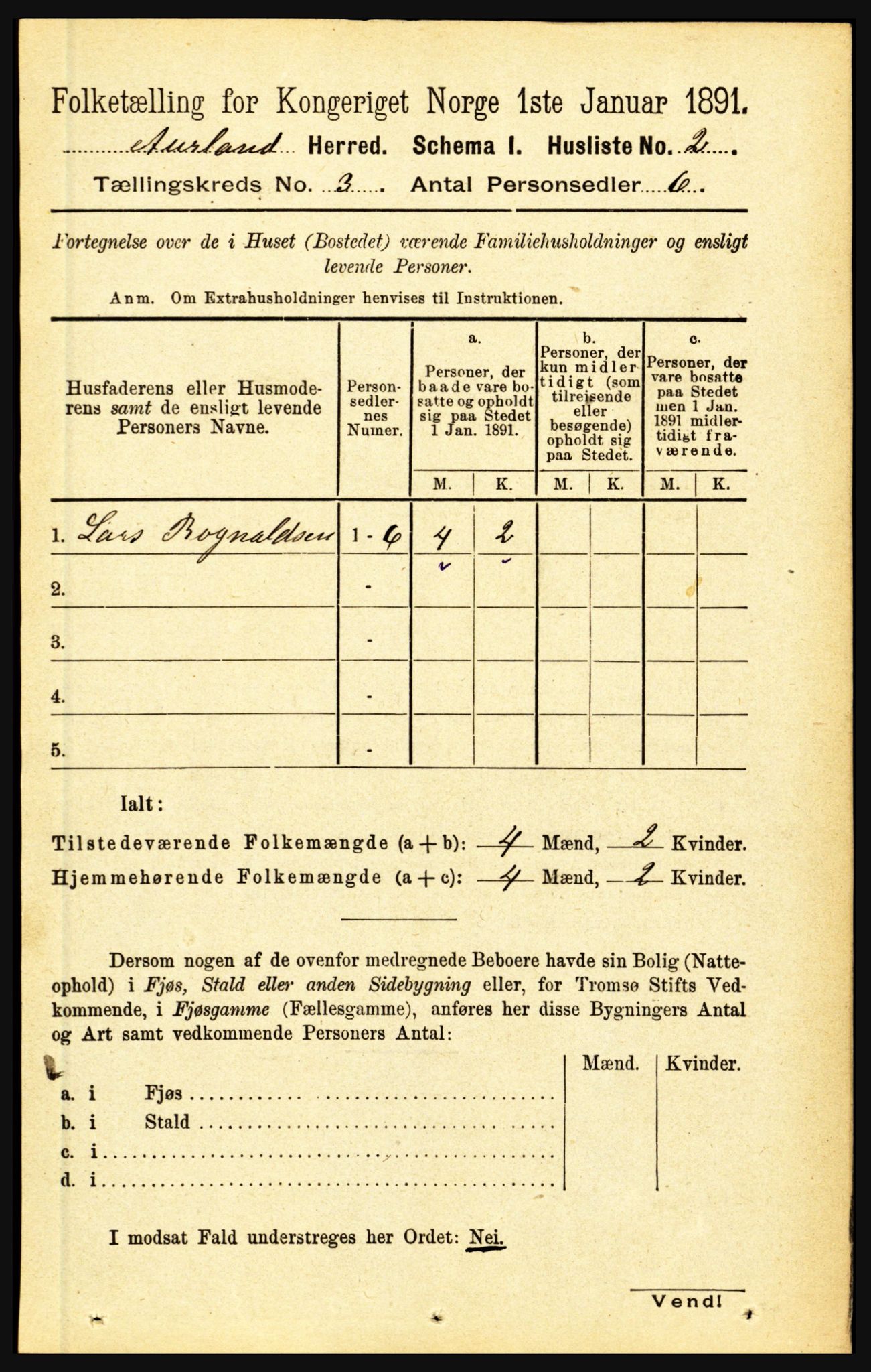 RA, 1891 census for 1421 Aurland, 1891, p. 877