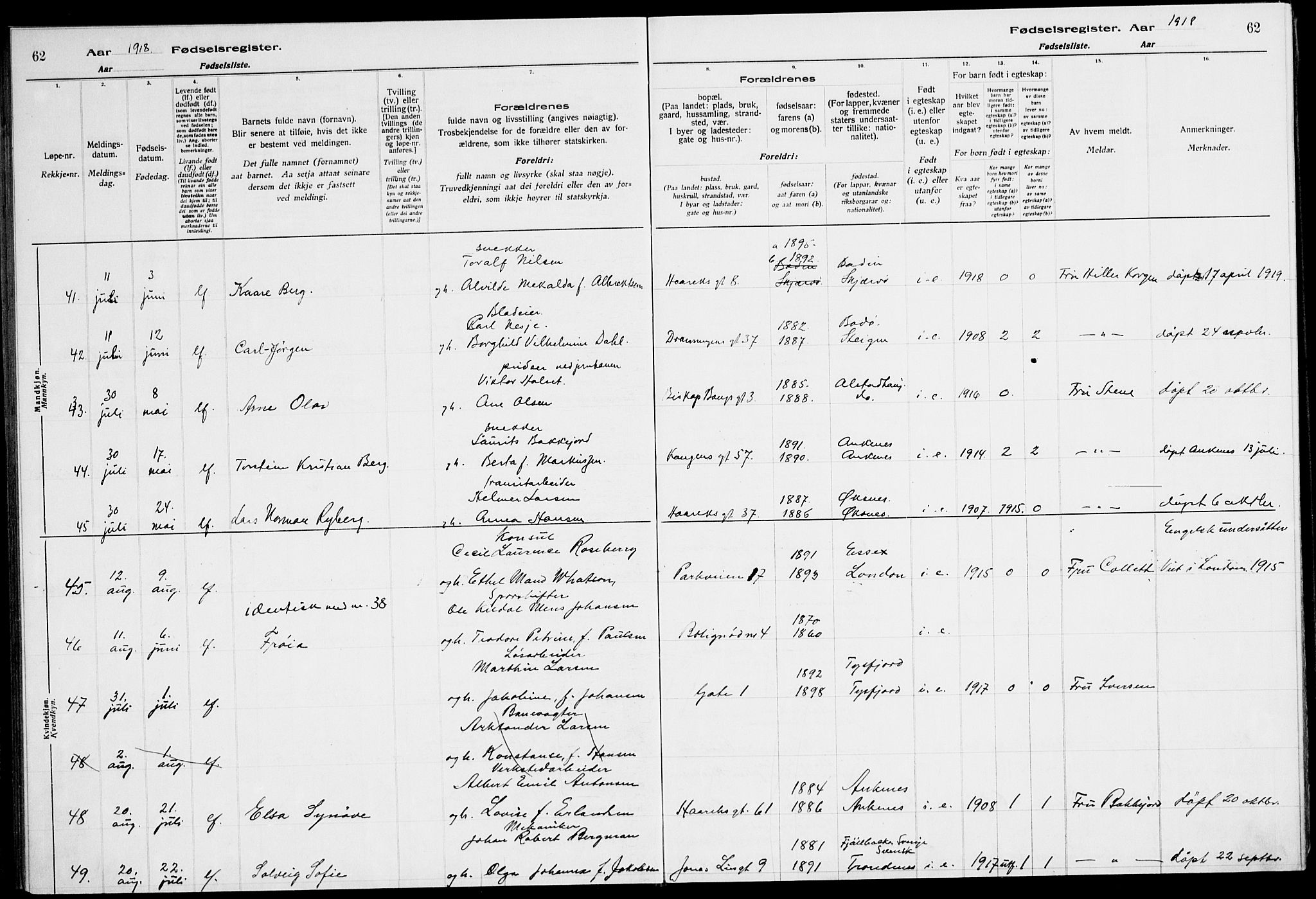 Ministerialprotokoller, klokkerbøker og fødselsregistre - Nordland, SAT/A-1459/871/L1013: Birth register no. 871.II.4.1, 1916-1924, p. 62