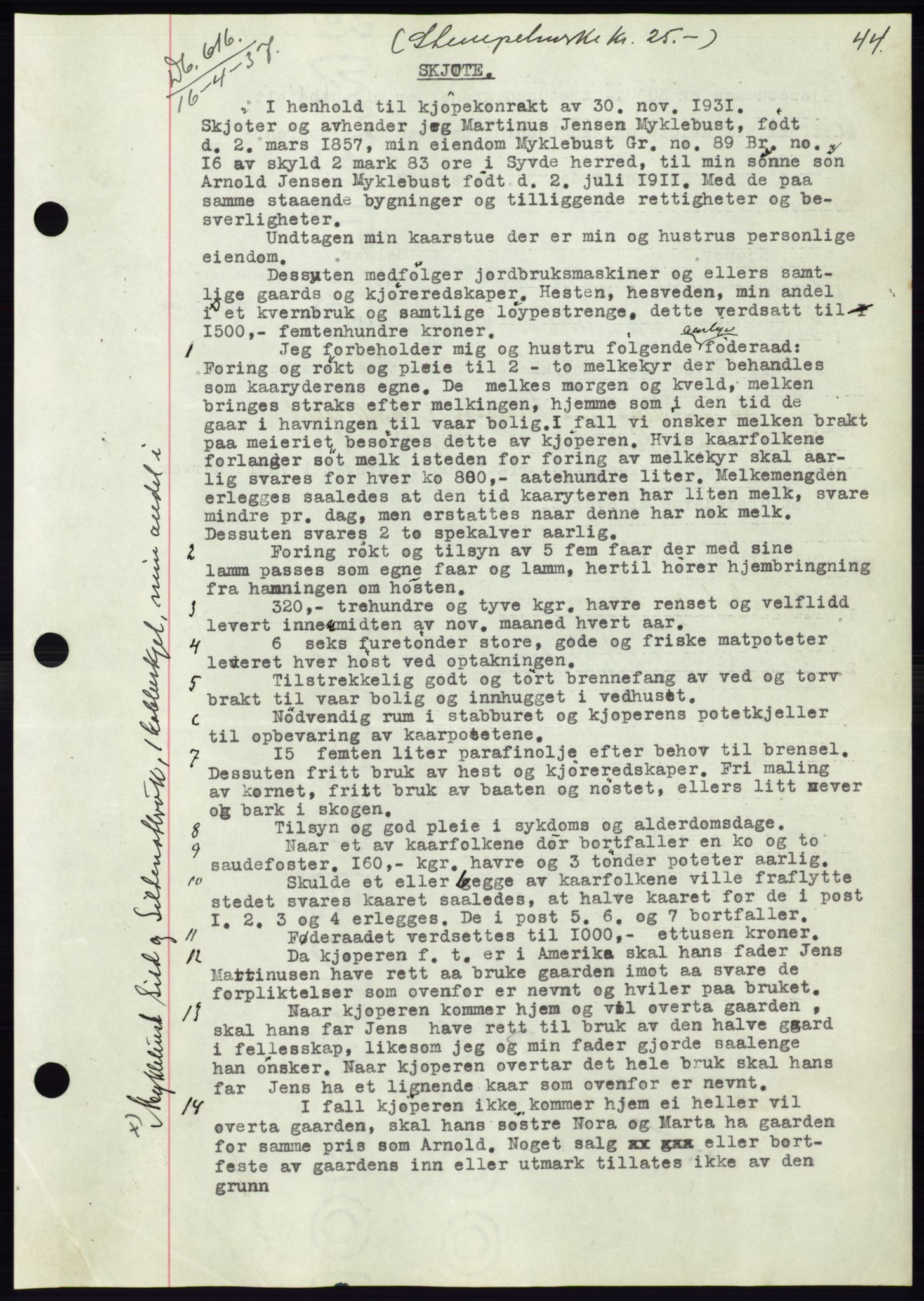 Søre Sunnmøre sorenskriveri, AV/SAT-A-4122/1/2/2C/L0063: Mortgage book no. 57, 1937-1937, Diary no: : 616/1937